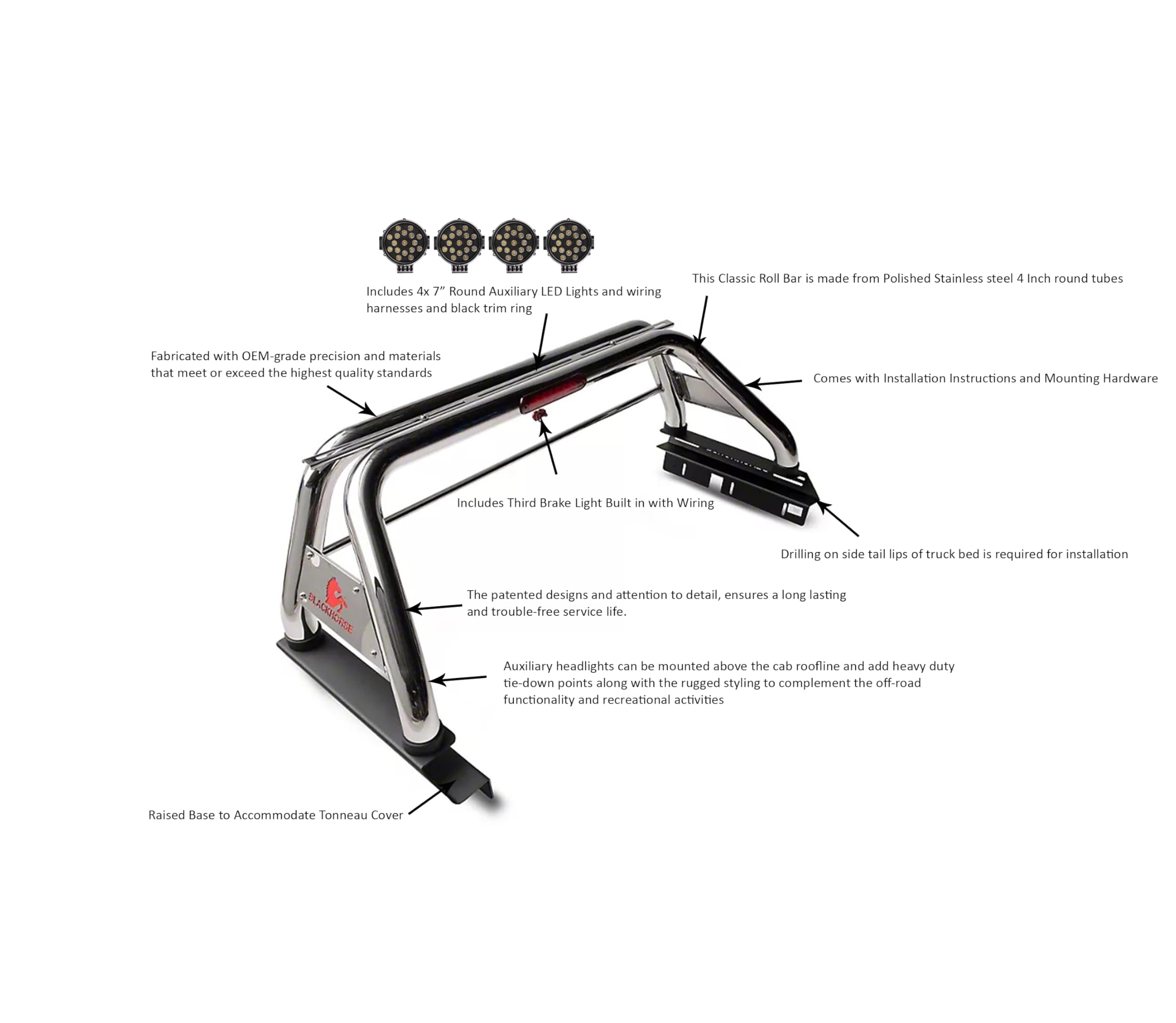 Classic Black Horse Roll Bar incl. Pair of 7.0" Dia. LED Lights w/Black Trim Rings Stainless Steel Compatible with 2005-2024 Toyota Tacoma-RB006SS-PLB