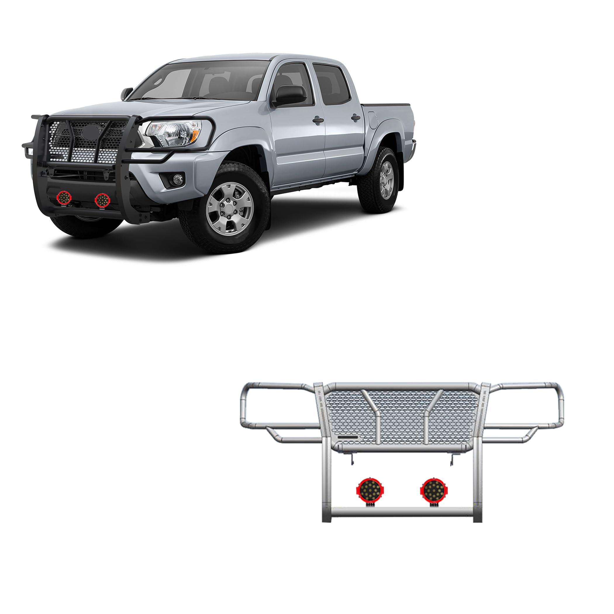 Heavy Duty Black Horse Rugged Grille Brush Bumper Guard Modular Black Come with Pair of 7.0" Dia.LED Lights with Red Trim Rings Compatible with 2005-2015 Toyota Tacoma-RU-TOTA05-B-PLR