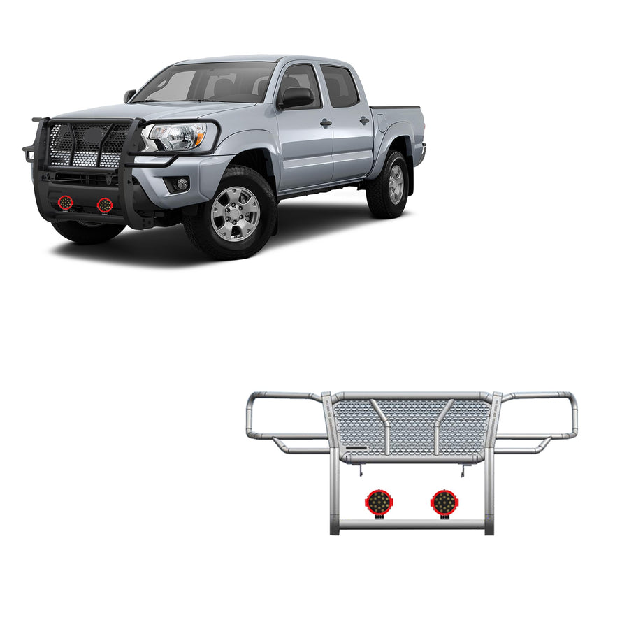Heavy Duty Black Horse Rugged Grille Brush Bumper Guard Modular Black Come with Pair of 7.0" Dia.LED Lights with Red Trim Rings Compatible with 2005-2015 Toyota Tacoma-RU-TOTA05-B-PLR