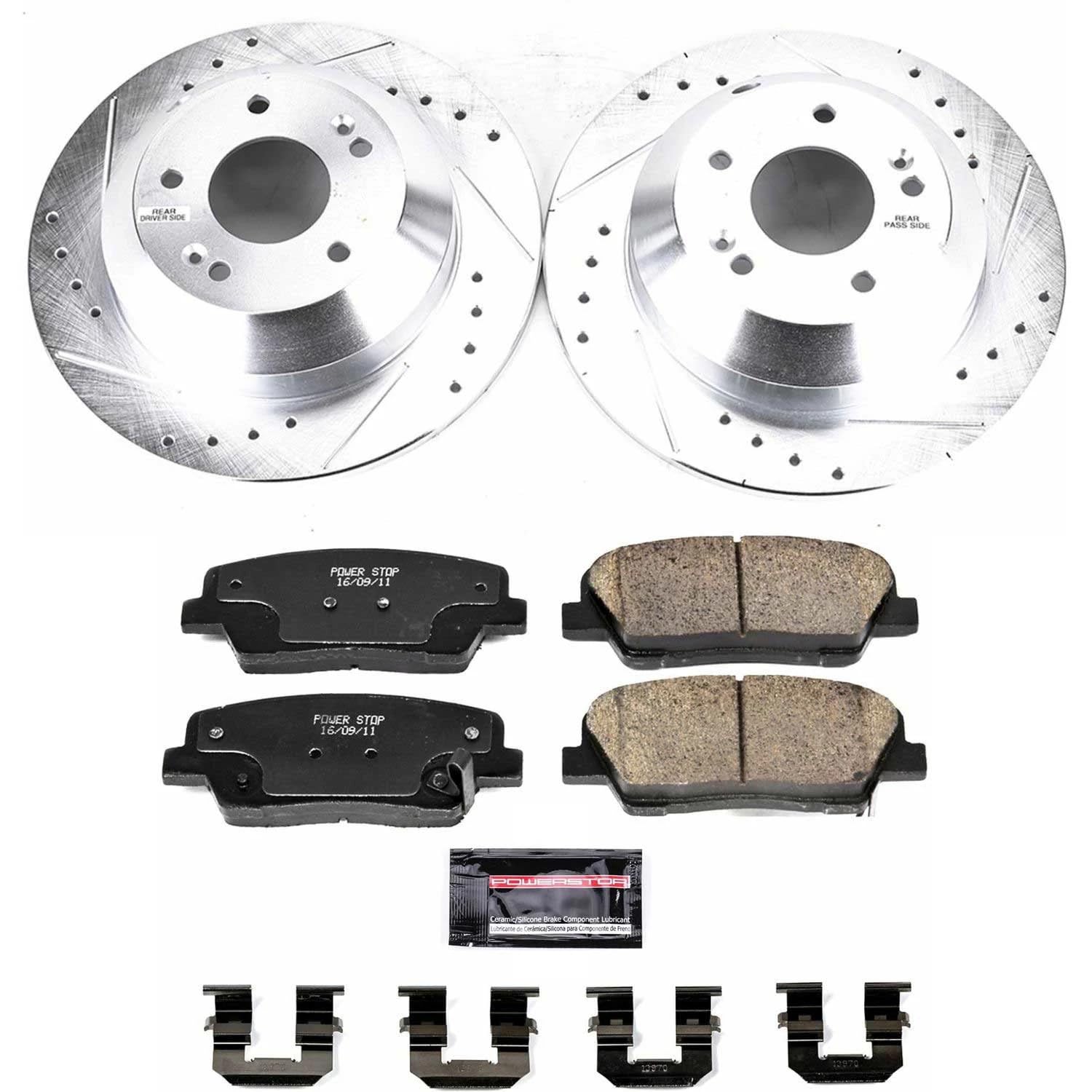 Power Stop K7062 Z23 Rear Carbon Fiber Brake Pads with Drilled & Slotted Brake Rotors Kit For Kia Sorento 2016-2020 [Model Specific]