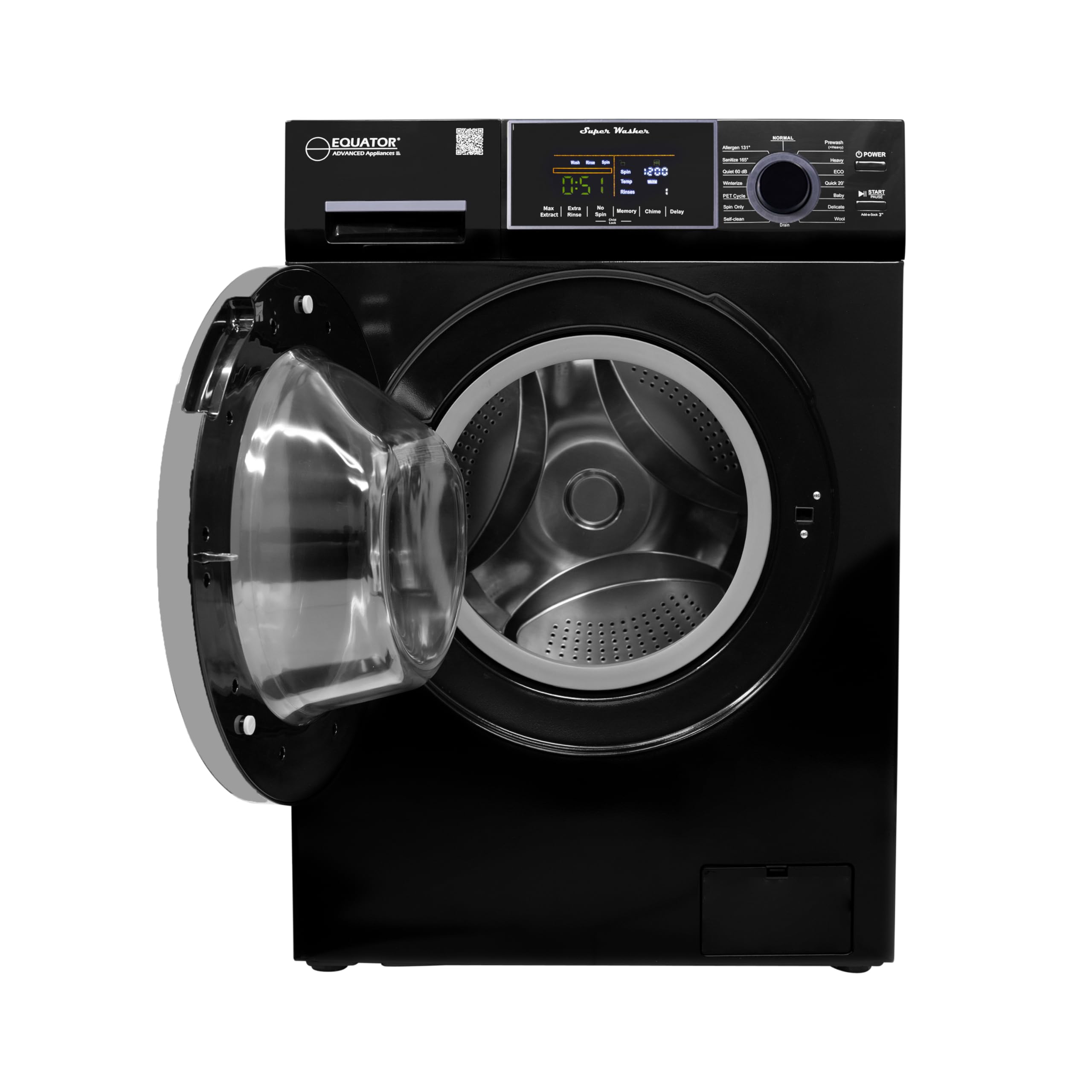 Compact Equator Washer 1.6cf/15lbs PET CYCLE 15 Programs 110V in Black