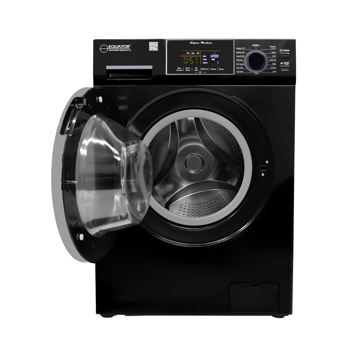 Compact Equator Washer 1.6cf/15lbs PET CYCLE 15 Programs 110V in Black