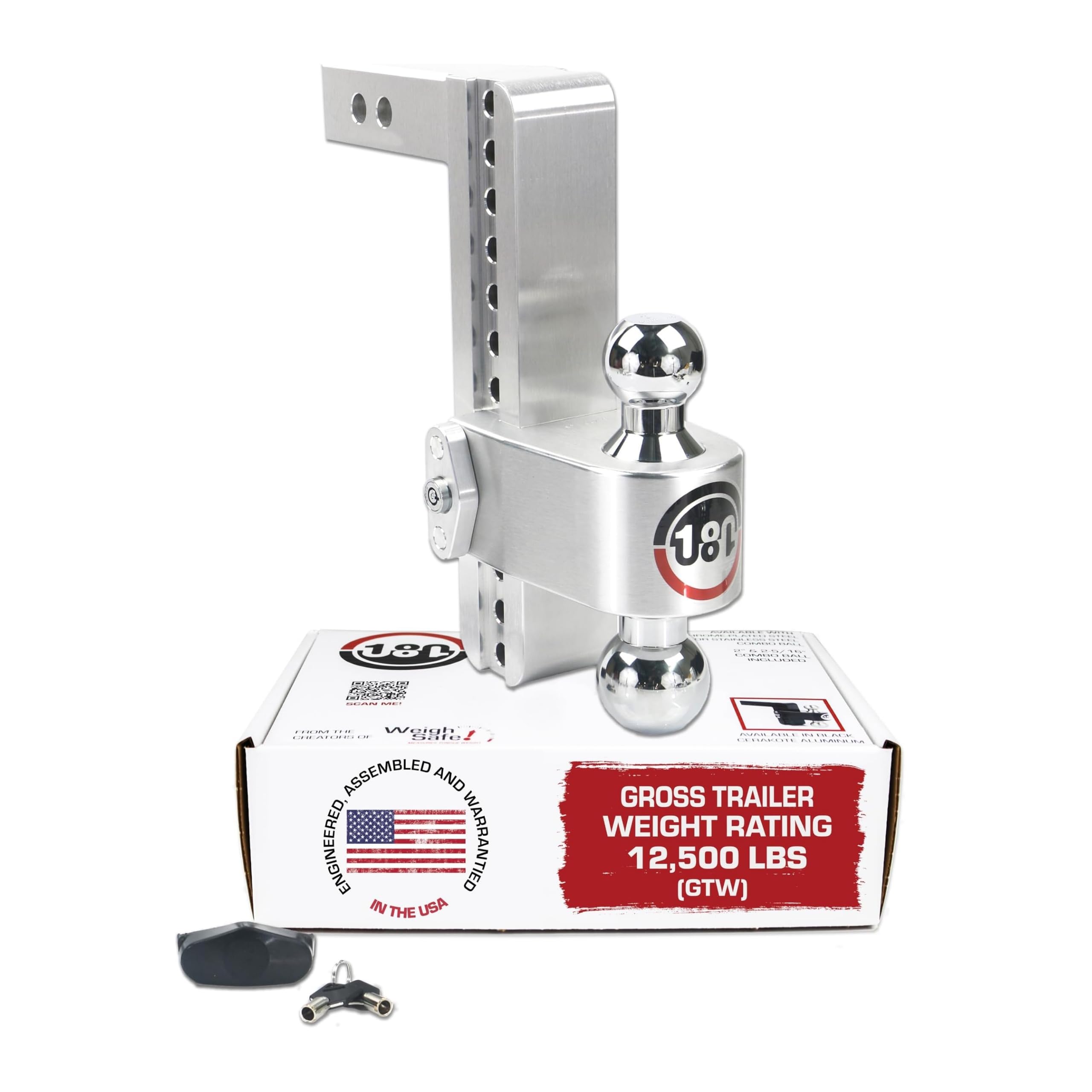 Adjustable Trailer Hitch Weigh Safe 180-Degree - Trailer Hitch for Towing - Compatible with 2" Receivers - 10" Drop, Chrome-Plated Tow Balls, 12,500 GTW, 1-Piece Lock Set