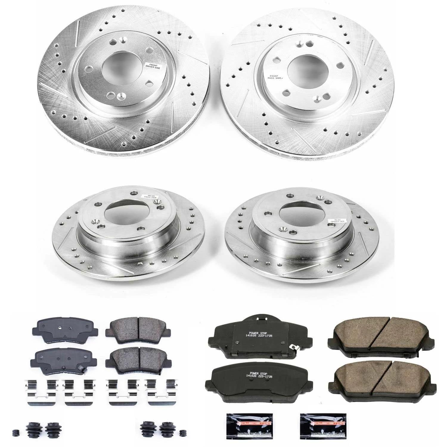 Power Stop K6934 Z23 Carbon Fiber Brake Pads Front and Rear with Drilled & Slotted Brake Rotors Kit For Kia Forte Koup 2014-2016, Kia Forte5 2014-2016 [Model Specific]