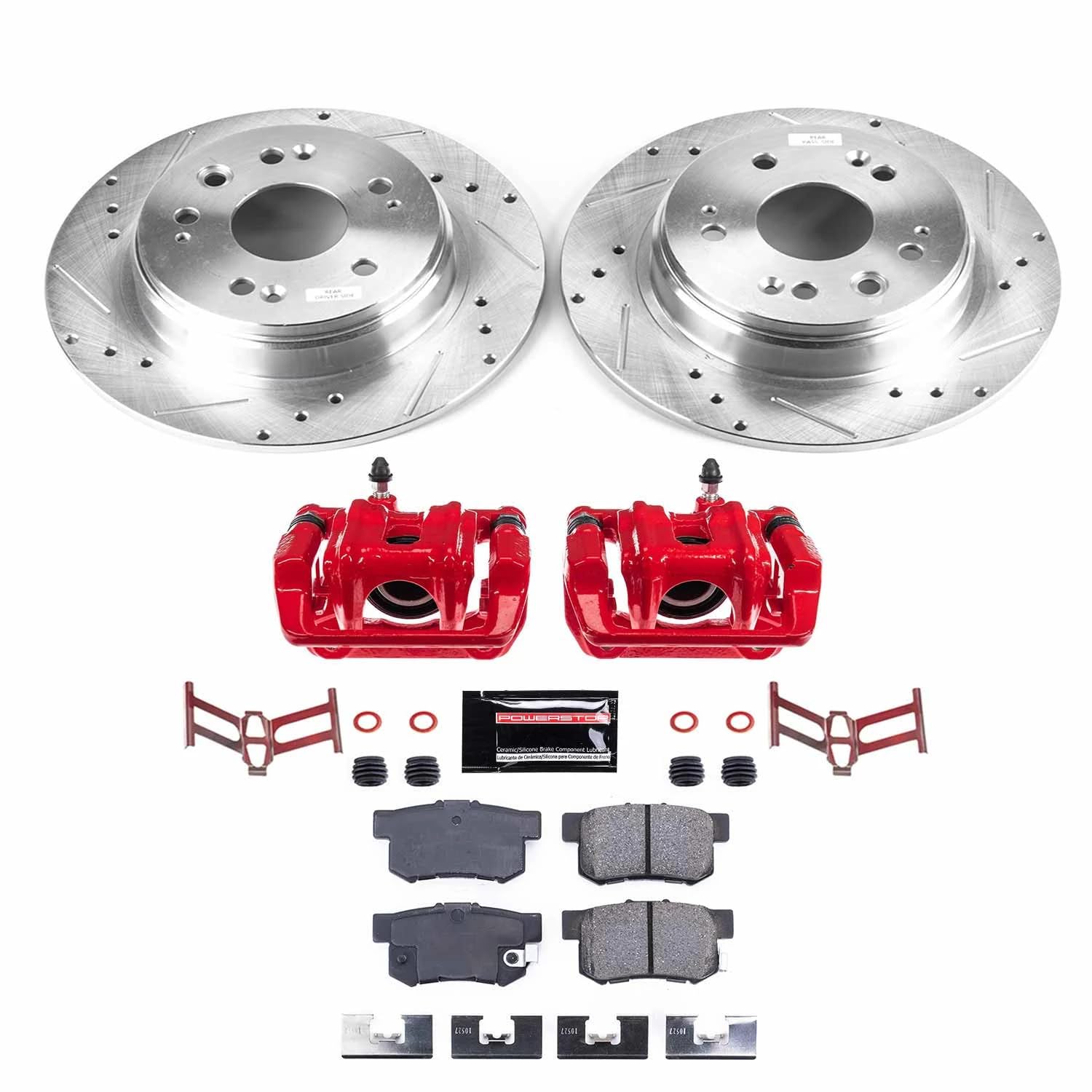 Power Stop Z23 KC6172 Rear Brake Caliper Kit-Drilled/Slotted Rotors, Carbon Ceramic Brake Pads, Calipers For Honda CR-V 2002-2004 [Model Specific]