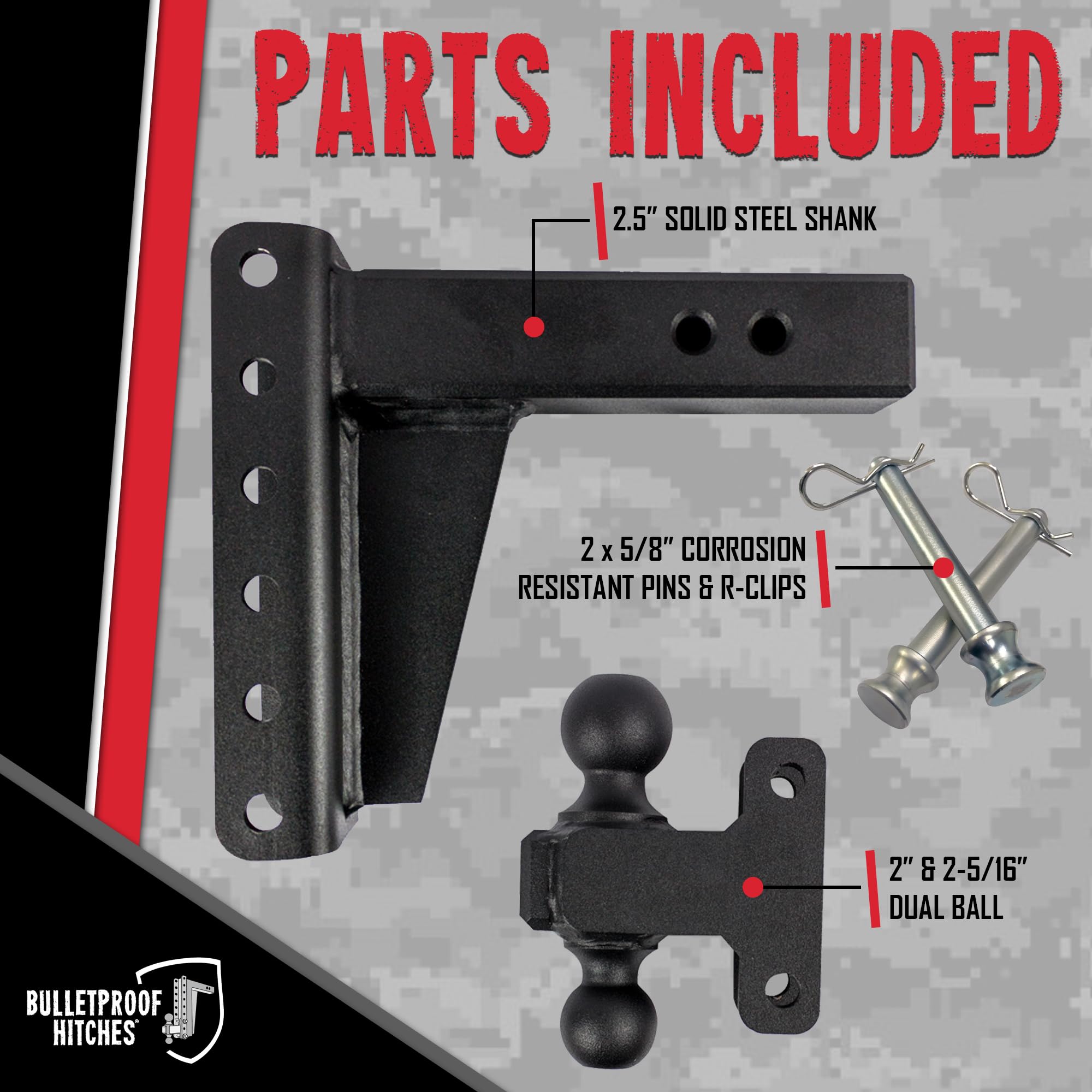 2.5" BulletProof Hitches Adjustable Extreme Duty Trailer Hitch (36,000lb. Rating) - 6" Drop/Rise with 2" and 2 5/16" Dual Ball - Powder Coat, Solid Steel, Corrosion-Resistant