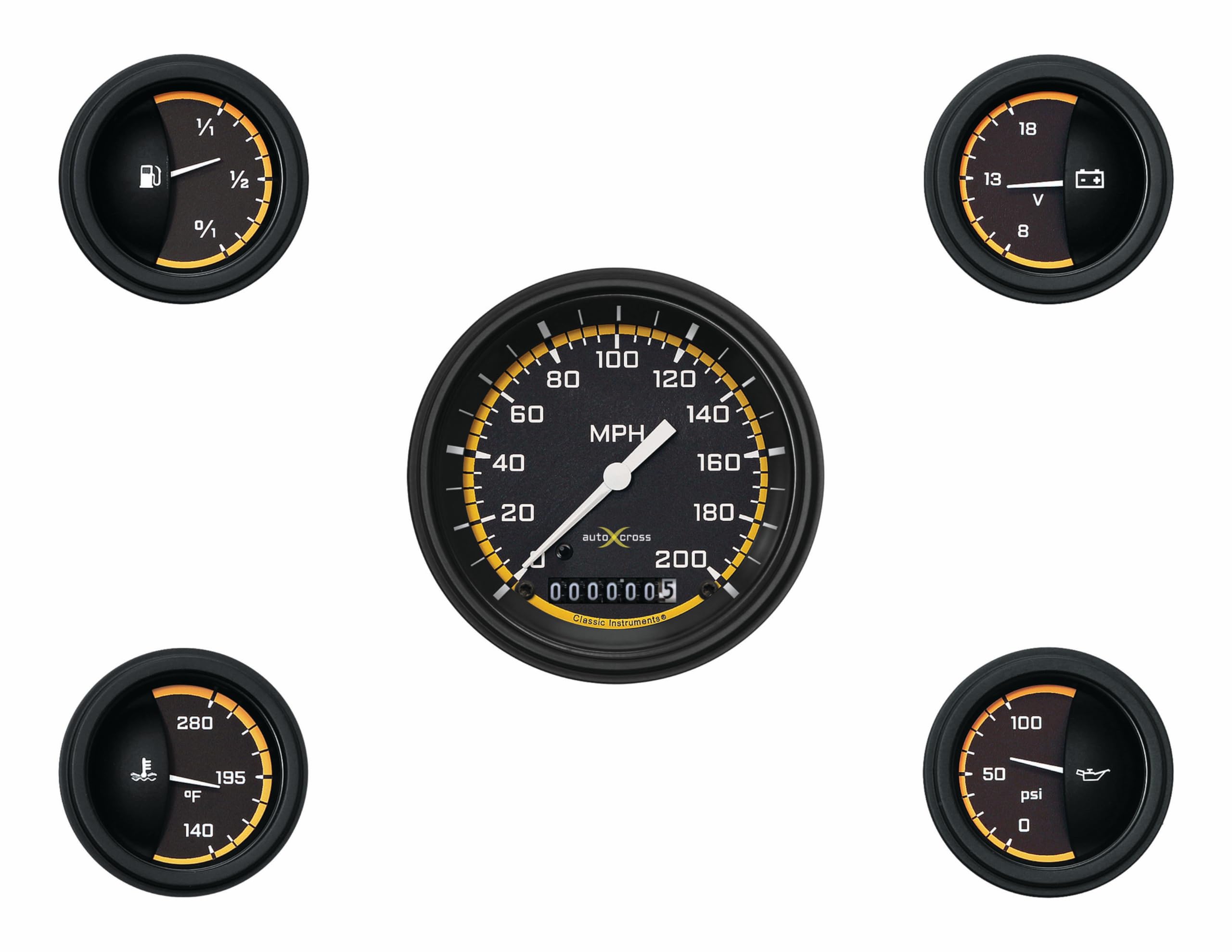 AX00YBLF Classic Instruments Autocross Yellow 6 Gauge Set