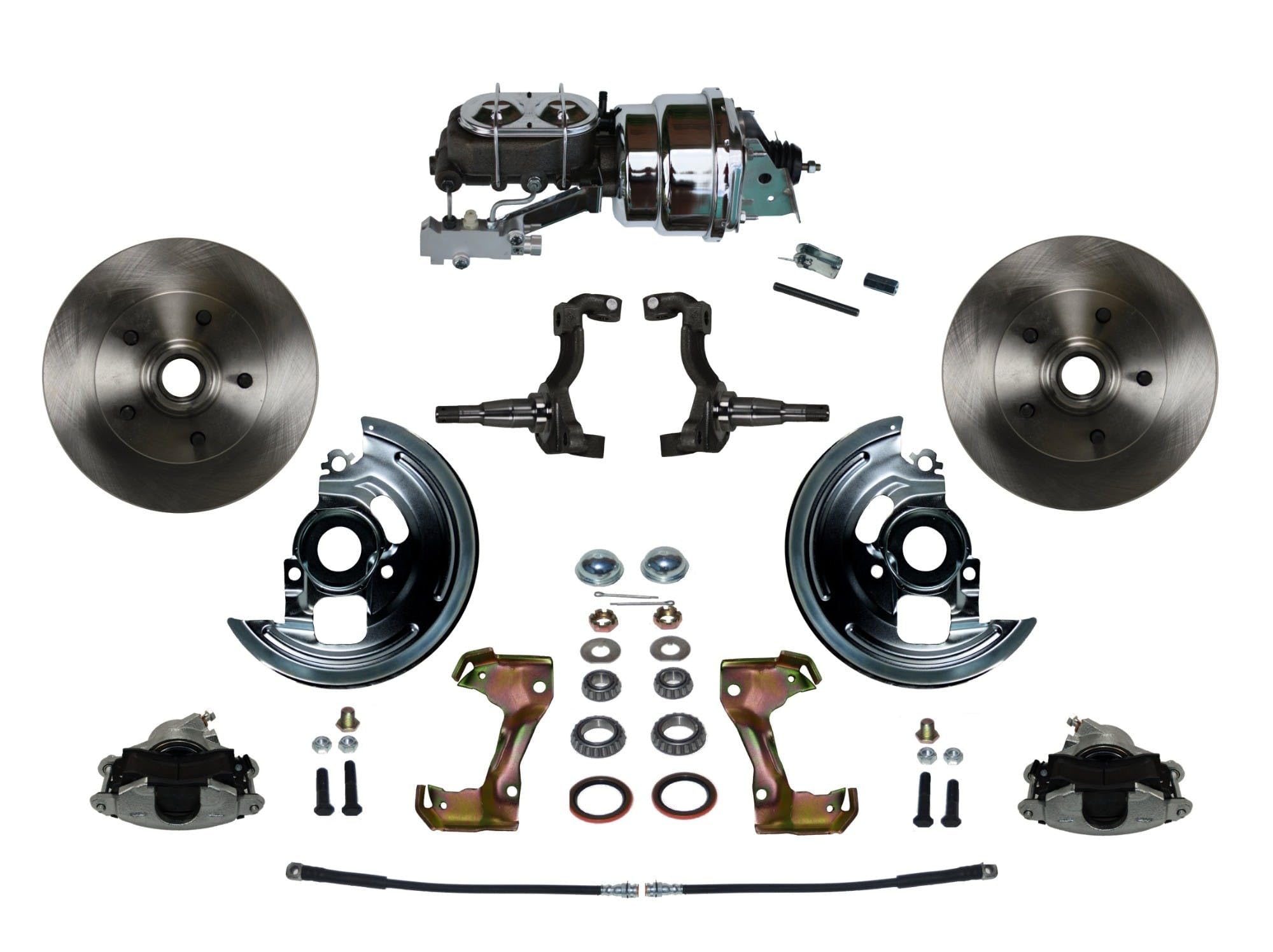 Power LEED BRAKES Front Disc Brake Conversion Kit With 7" Dual Chrome Booster Cast Iron Chrome Top M/C Disc/Drum Side Mount