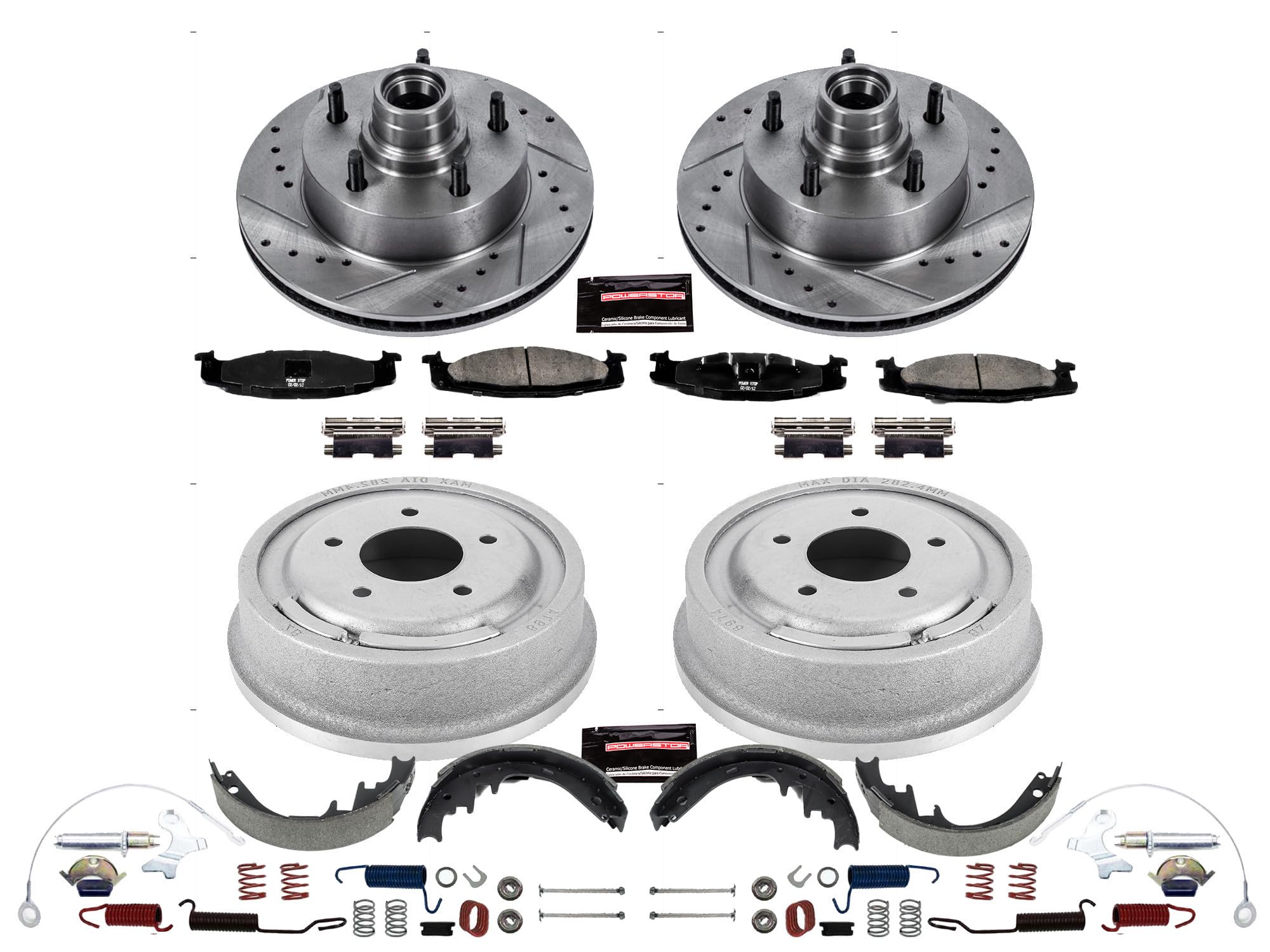 Power Stop K15091DK Z23 Carbon Fiber Brake Pads Front and Rear with Drilled & Slotted Brake Drums Kit For Ford E-150 Econoline 1994-1996, Ford F-150 1994-1996 [Model Specific]