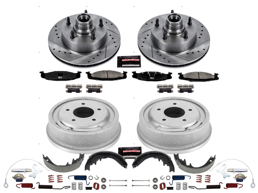 Power Stop K15091DK Z23 Carbon Fiber Brake Pads Front and Rear with Drilled & Slotted Brake Drums Kit For Ford E-150 Econoline 1994-1996, Ford F-150 1994-1996 [Model Specific]