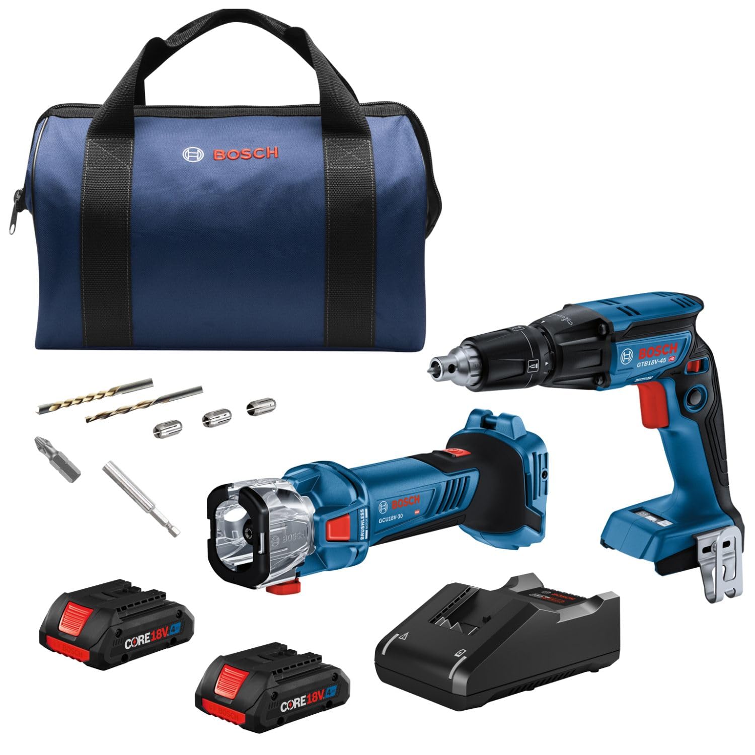 BOSCH 18V GXL18V-291B25 Combo Kit with Brushless Screwgun, Brushless Cut-Out Tool and (2) CORE18V® 4 Ah Advanced Power Batteries