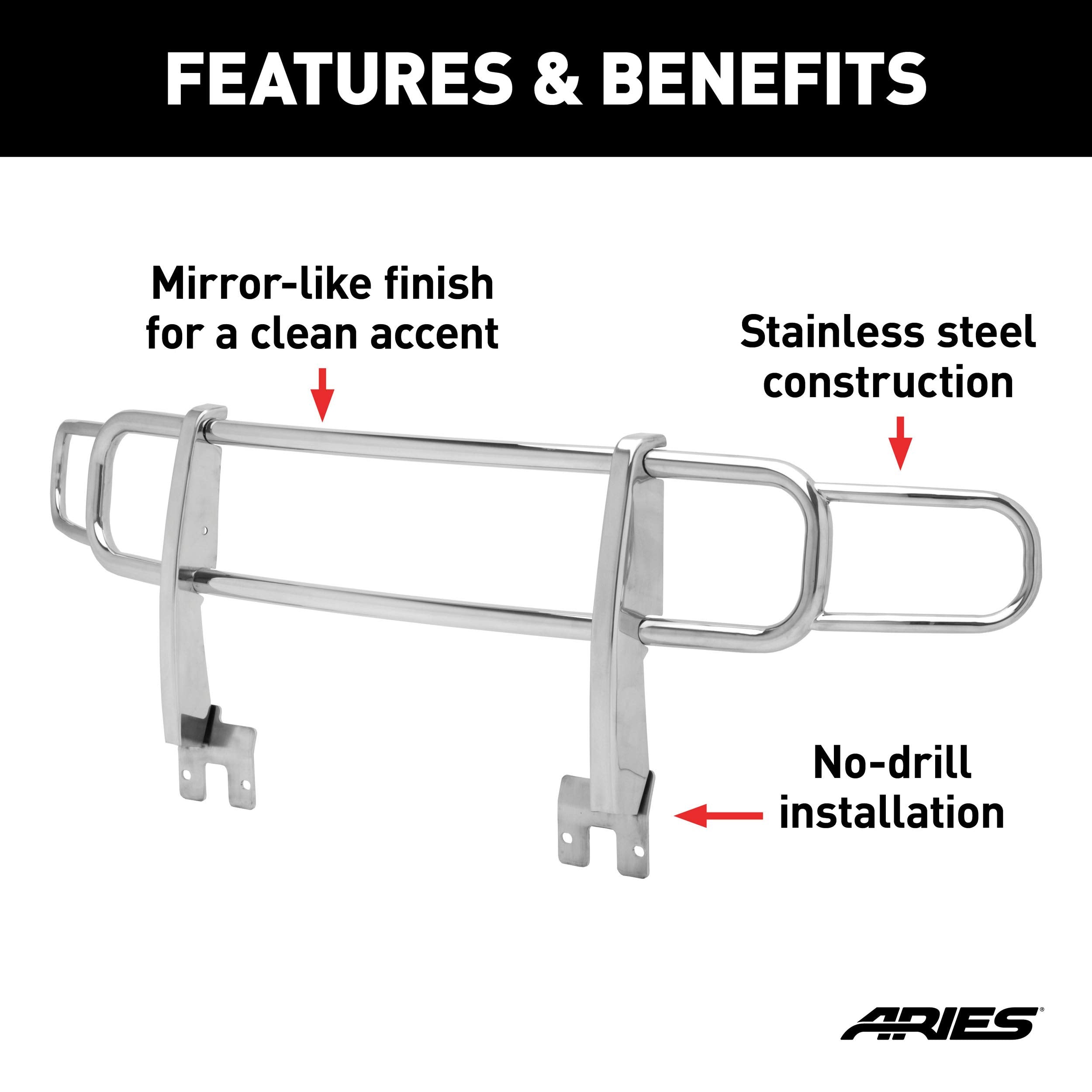 Polished Stainless Steel ARIES 4077-2 Grille Guard, No-Drill, Select Hummer H3, H3T