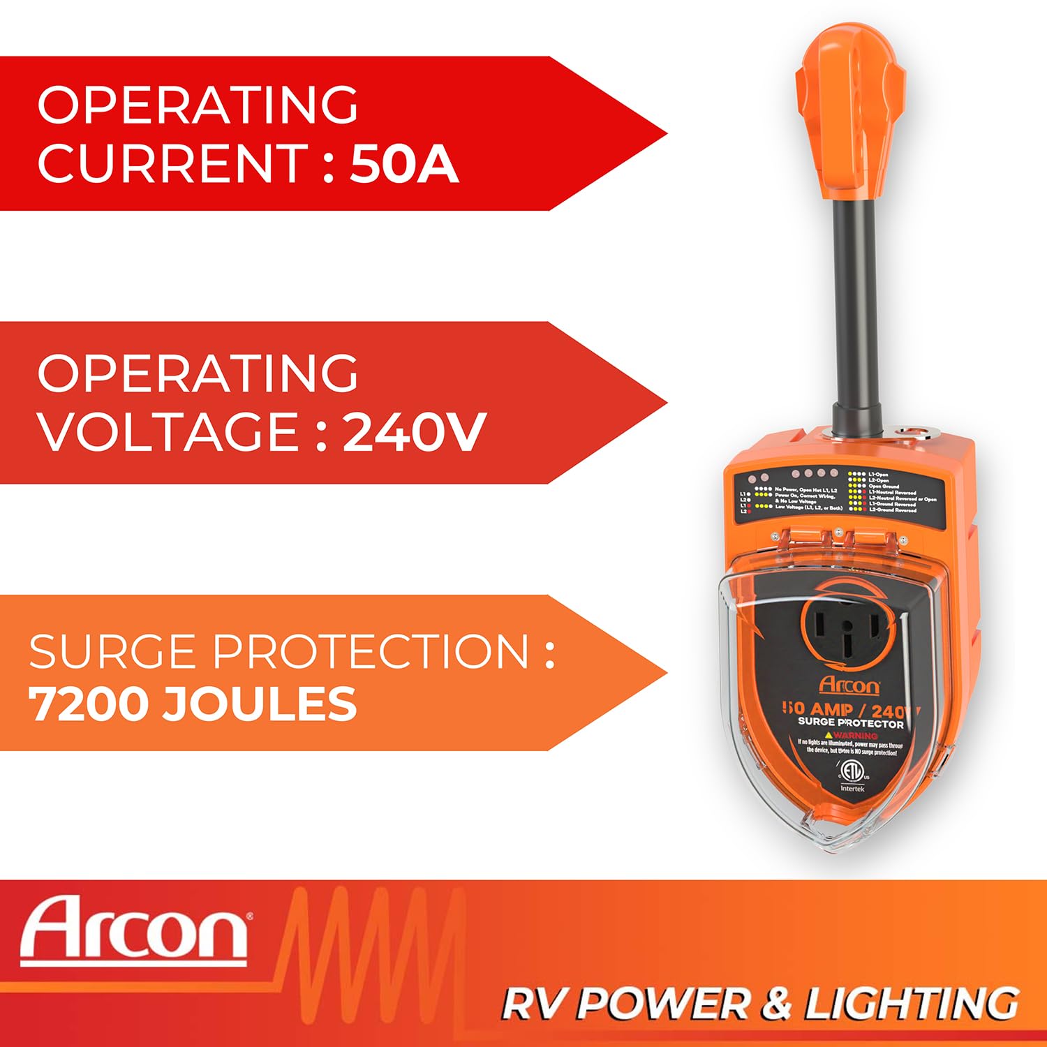 Surge Protector Arcon 19759, Portable, 50 Amp, 240 Volt, with Plug Head Handle Grip, 7200 Joules of Power Surge Protection