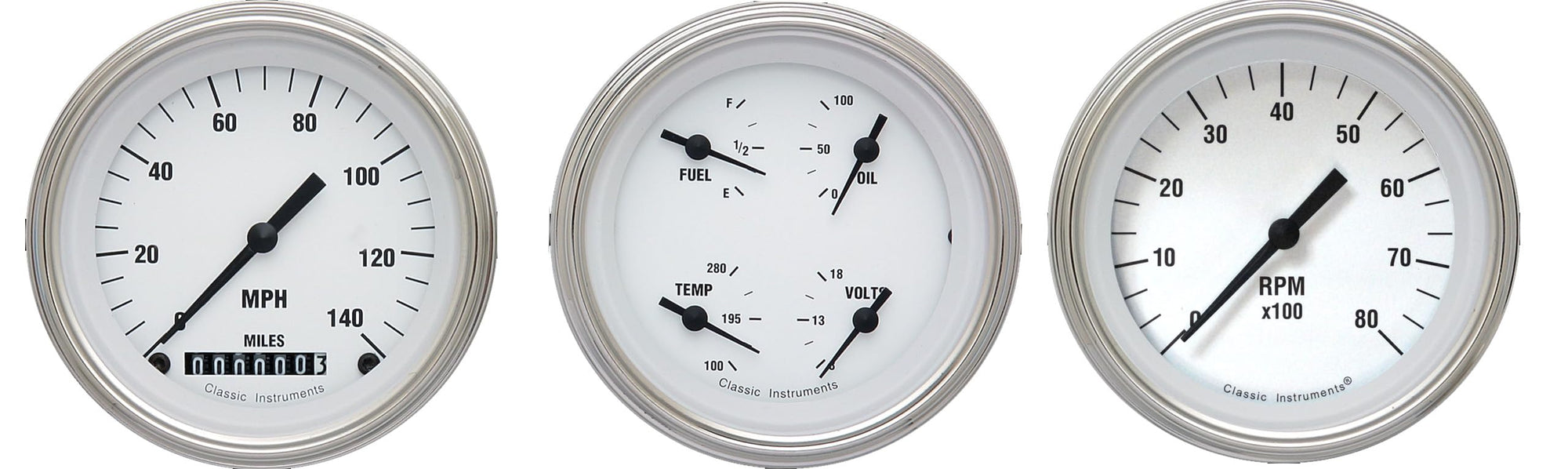 WH03SLC Classic Instruments White Hot 3 3/8" Speedo/Quad/Tach - GM