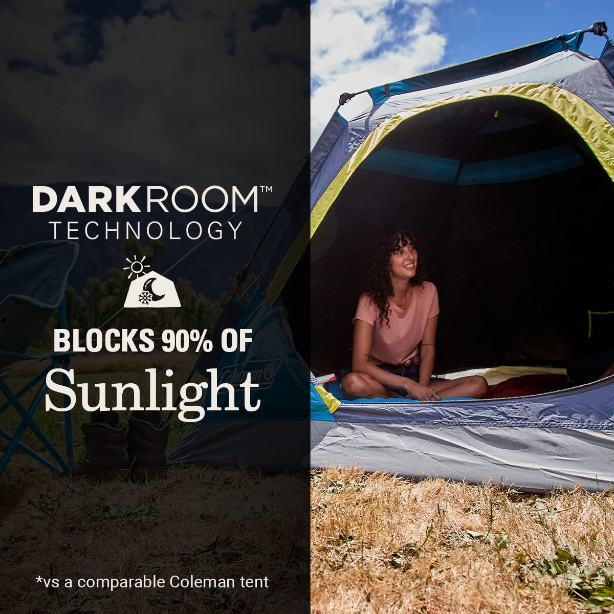 Coleman 4-Person Camp Burst Tent, Umbrella-Style Pop-Up Camping Tent with 45s Easy Setup, Dark Room Technology, Waterproof Seams, 360° Views, Durable Frame, Convenient Pockets and E-Port