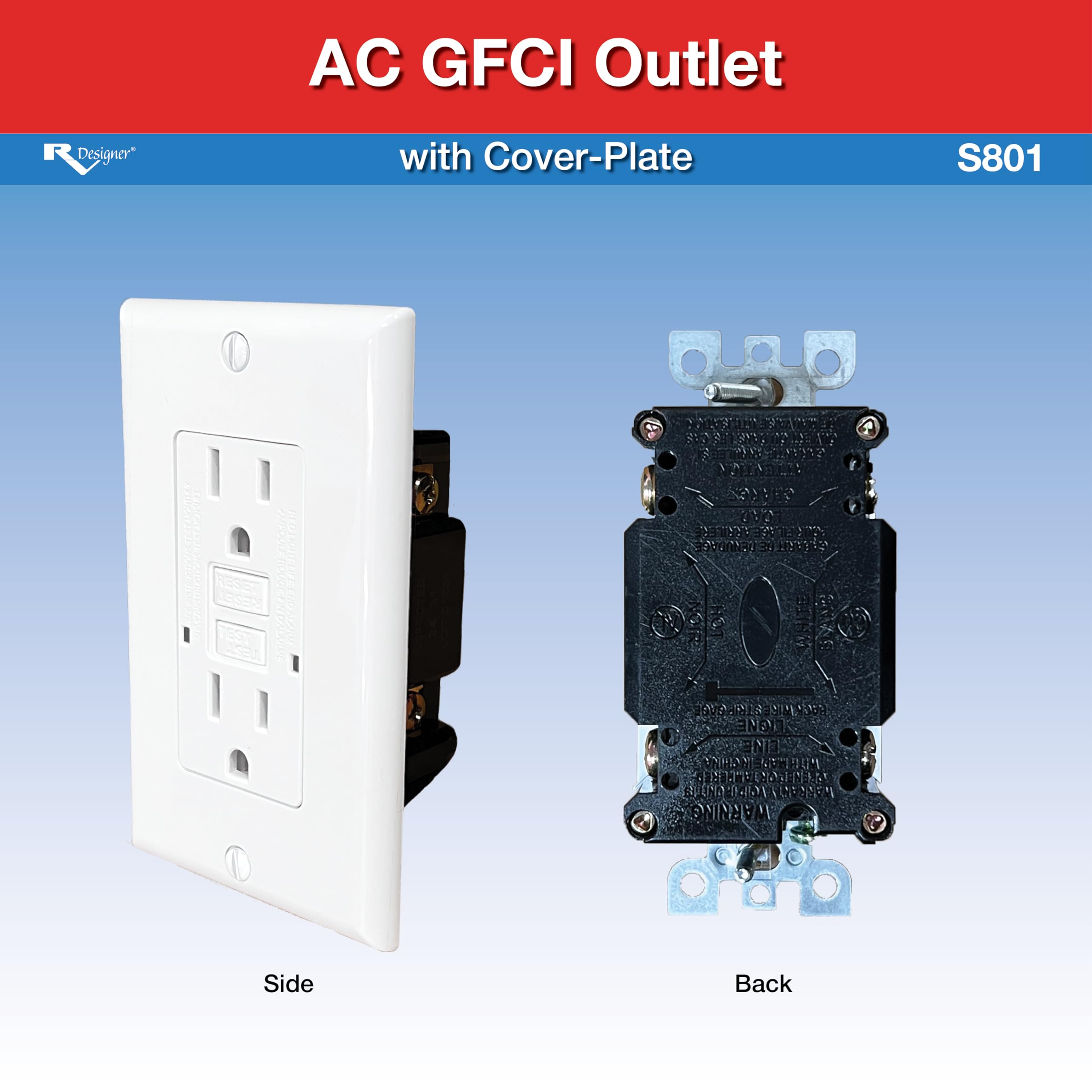 Dual GFCI Outlet S801, RV Designer with Cover Plate, White, AC Electrical