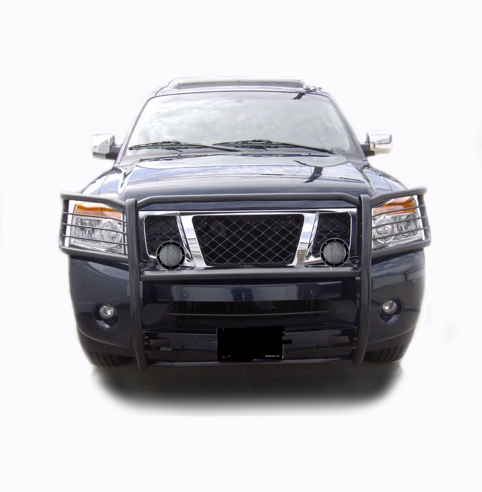 Bumper Guard Black Horse Grille Brush Modular Black Come with Pair of 5.3" LED Lights with Black Trim Rings Compatible with 2005-2015 Armada|2004-2015 Titan Crew Cab & King Cab-17NR26MA-PLFB