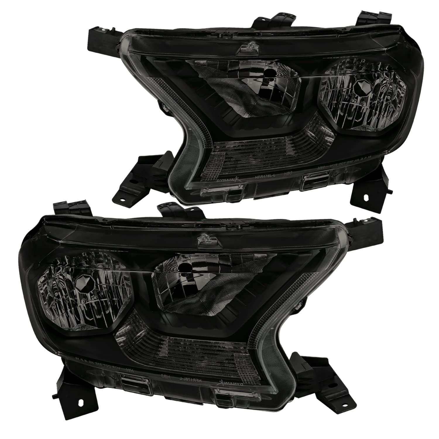 Black Housing Spec-D Tuning Smoke Lens Headlights Compatible with Ford Ranger XL/XLT 2019-2021, L+R Pair Head Lights Lamps