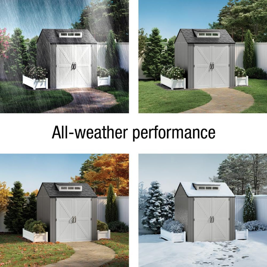 Rubbermaid Outdoor Resin Storage Shed With Floor (7 x 7 Ft) Weather Resistant Gray Organization for Home/Backyard/Garden Tools/Lawn Mower/Bike Storage/Pool Supplies