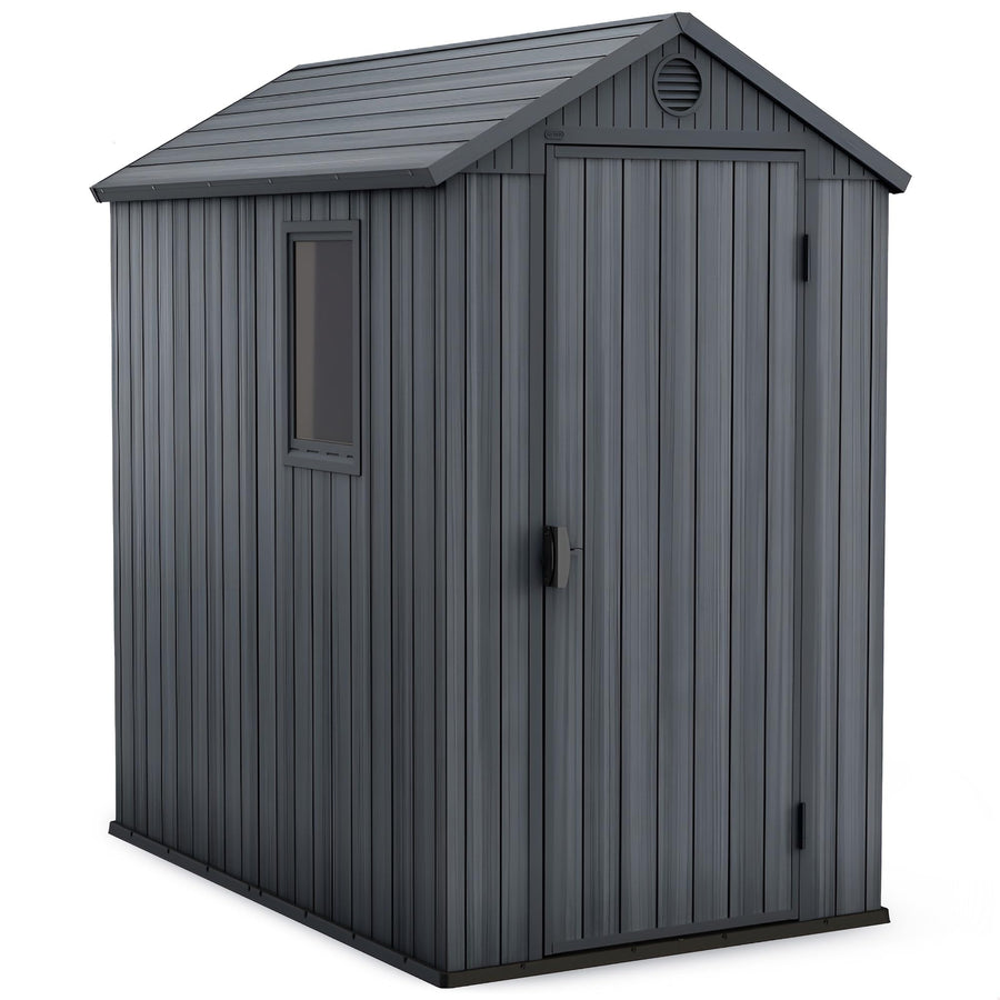Keter 4x6 Feet Darwin Outdoor Storage Shed, Graphite Gray – Lockable Resin Organizer Unit with Single Door, Window, and Skylight for Backyard, Garden, or Lawn Organization
