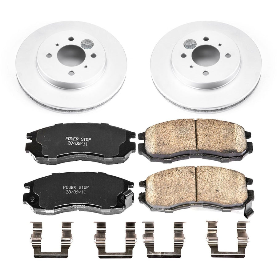 Coated Brake Rotor and Ceramic Brake Pads- Front Power Stop CRK1214 For Mitsubishi Mirage 1998-2002 [Model Specific]