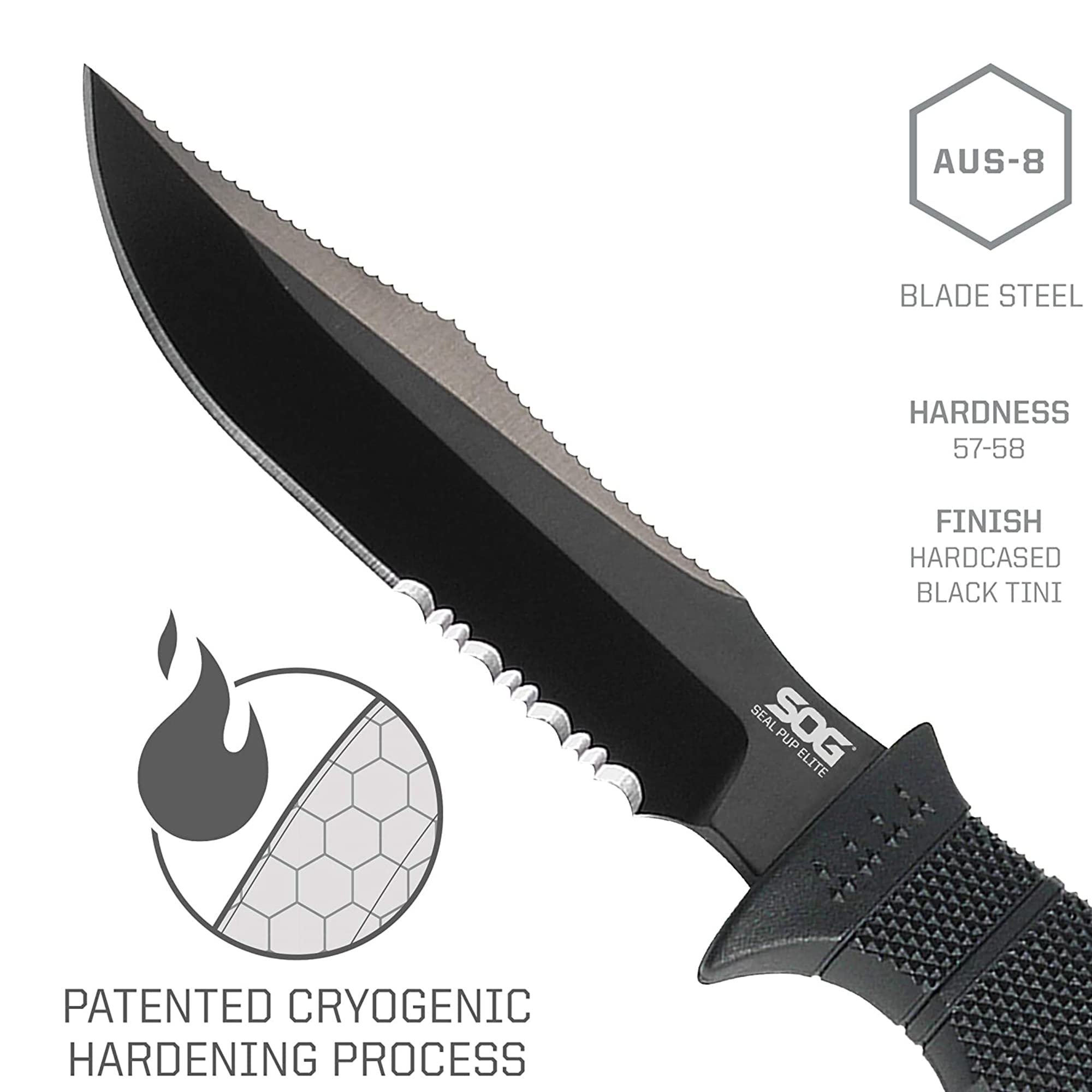SOG Seal Elite Pup Tactical Fixed Blade- Survival and Hunting Knife with Sheath, 4.75 Inch Combat Knife Blade (E37T-K)