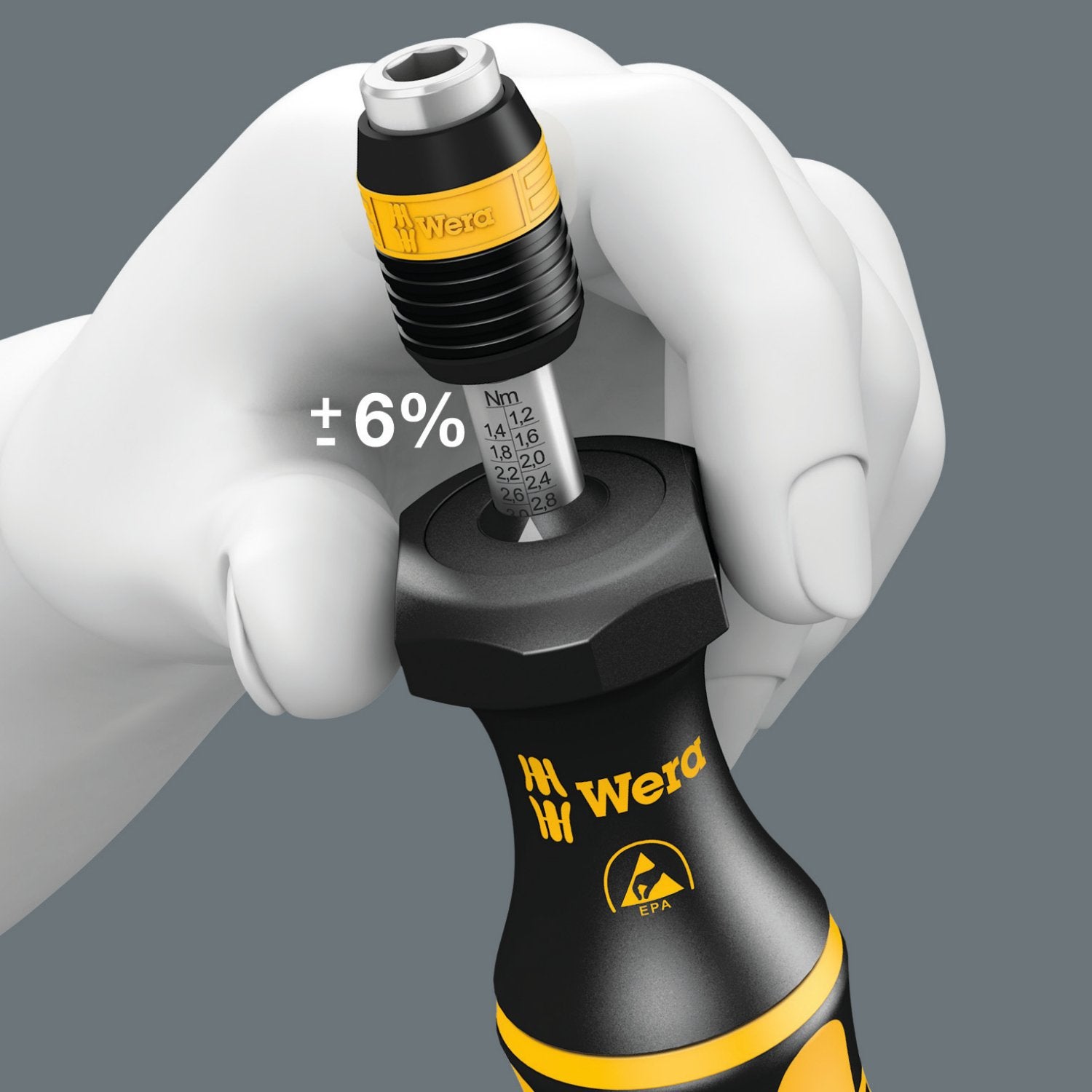 Wera Kraftform 05074733001 ESD Hexagon Torque Screwdriver, 1/4" Head, 2.5-11.5"/lbs Variable Torque Adjustment Range