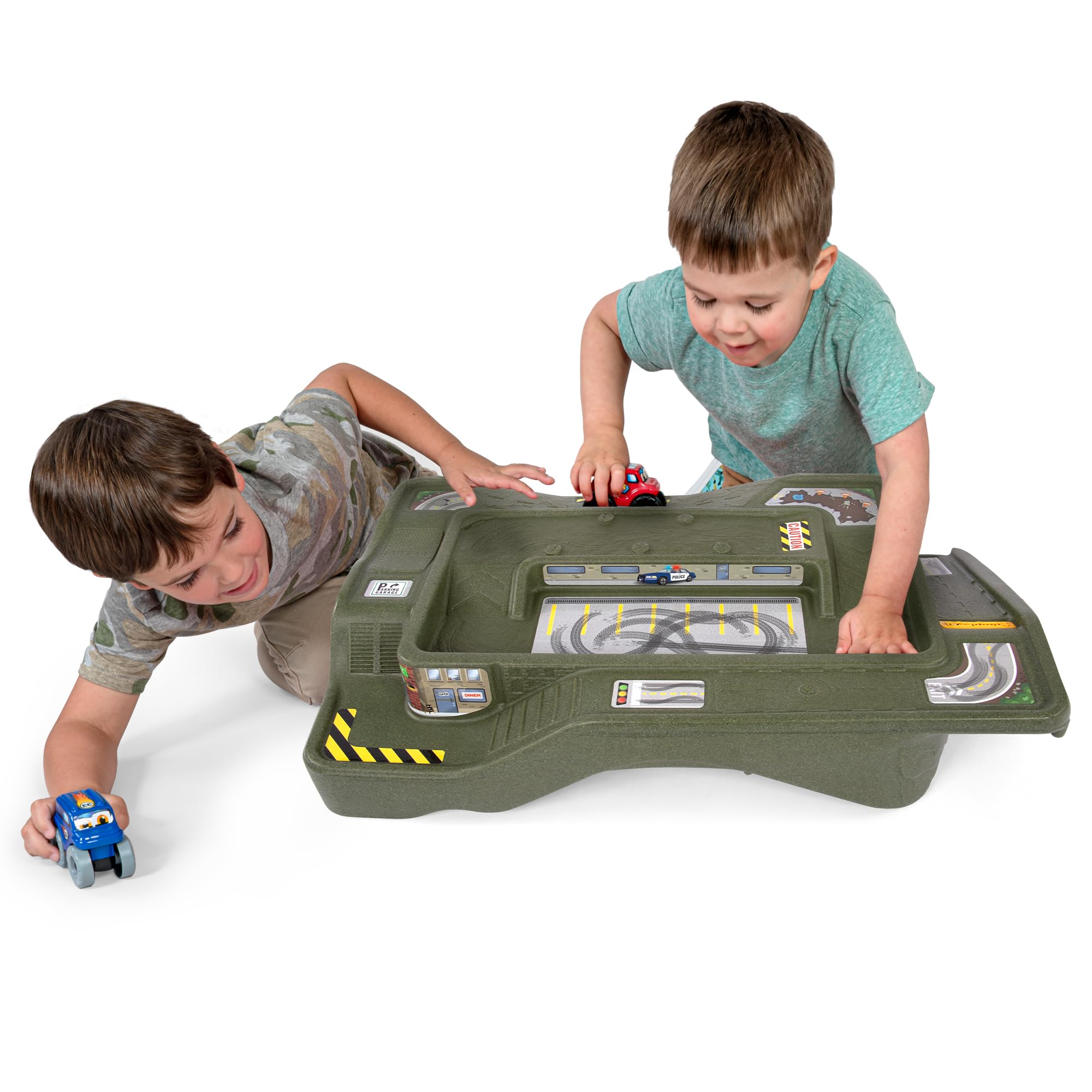 Simplay3 Extreme Wheels Monster City Car Race Track Table - 2 Sided Portable Kids Play Table with 2 Race Trucks - Green - Made in USA