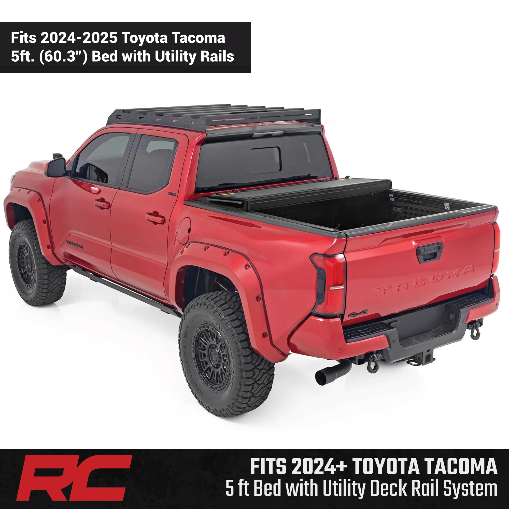 Rough Country Hard Tri-Fold Tonneau Cover for Toyota Tacoma (2024-2025) - Aluminum Flip-Up Folding Bed Cover, Fits 5' (60.3") Bed