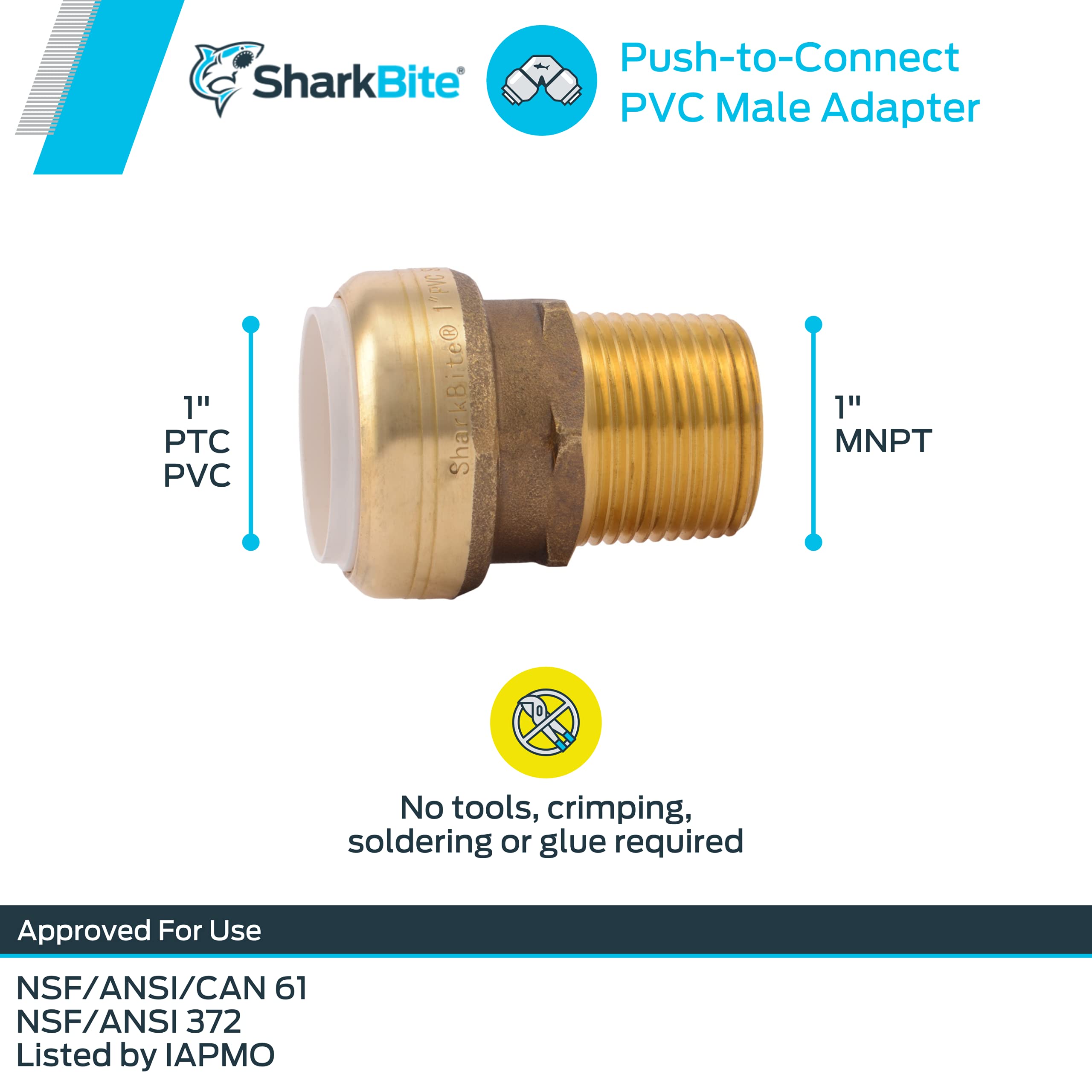 1 Inch SharkBite PVC x 1 Inch MNPT Adapter, Push to Connect Brass Plumbing Fitting, PEX Pipe, Copper, CPVC, PE-RT, HDPE, UIP140A