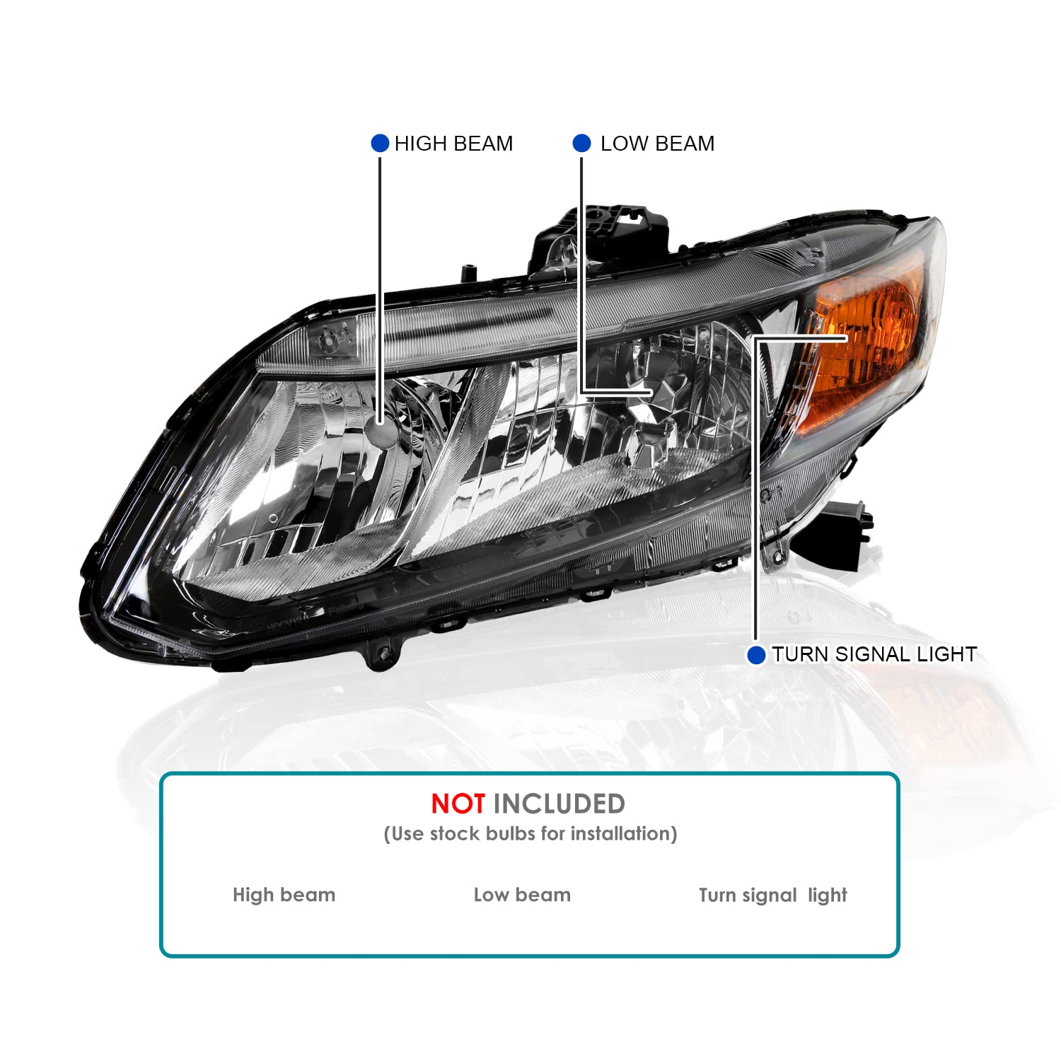 Left Driver Side SPEC-D TUNING Black Headlight Compatible with 2012-2015 Honda Civic Sedan, 2012-2013 Civic Coupe Head Light Lamp Assembly