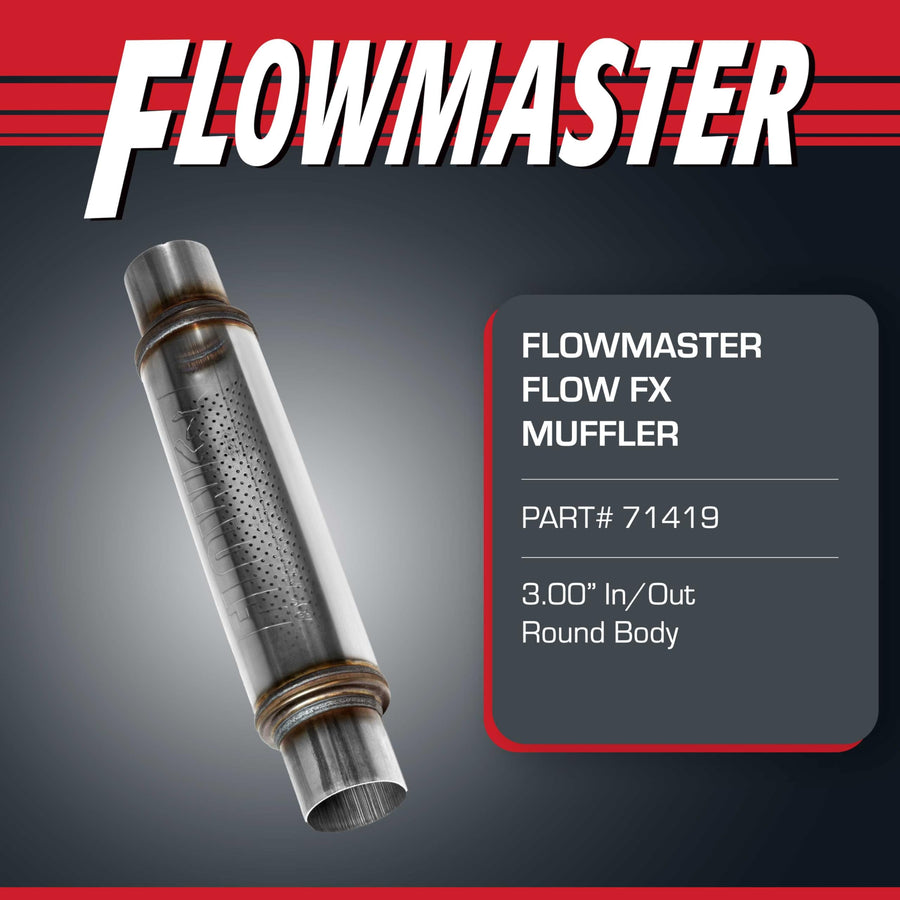 Flowmaster Chambered FX Muffler – 3.00” Center In / 3.00” Center Out – Round Body – Moderate Sound – Stainless Steel – Affordable Performance for Modern Trucks, Muscle Cars & Daily Drivers (71419)
