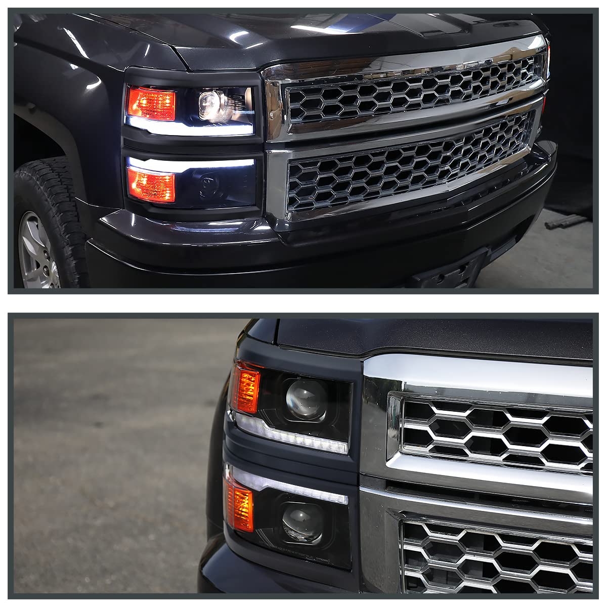 Black w/Black Trim SPEC-D TUNING Projector Headlights w/Sequential Switchback LED Strip and Startup Animation Compatible with 2014-2015 Chevy Silverado 1500, Left + Right Pair Headlamps Assembly