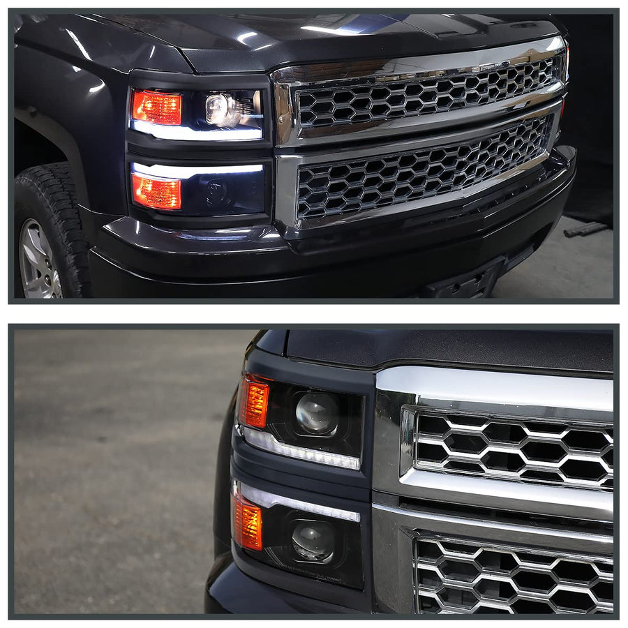Black w/Black Trim SPEC-D TUNING Projector Headlights w/Sequential Switchback LED Strip and Startup Animation Compatible with 2014-2015 Chevy Silverado 1500, Left + Right Pair Headlamps Assembly