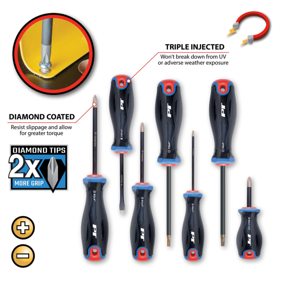 W1743 Performance Tool 7-Piece Diamond Tip Screwdriver Set, Diamond Coating to 2x Grip, Chrome Vanadium with Black Phosphate Finish, Triple-Injected Thermoplastic Elastomer Handle, Magnetic Tips
