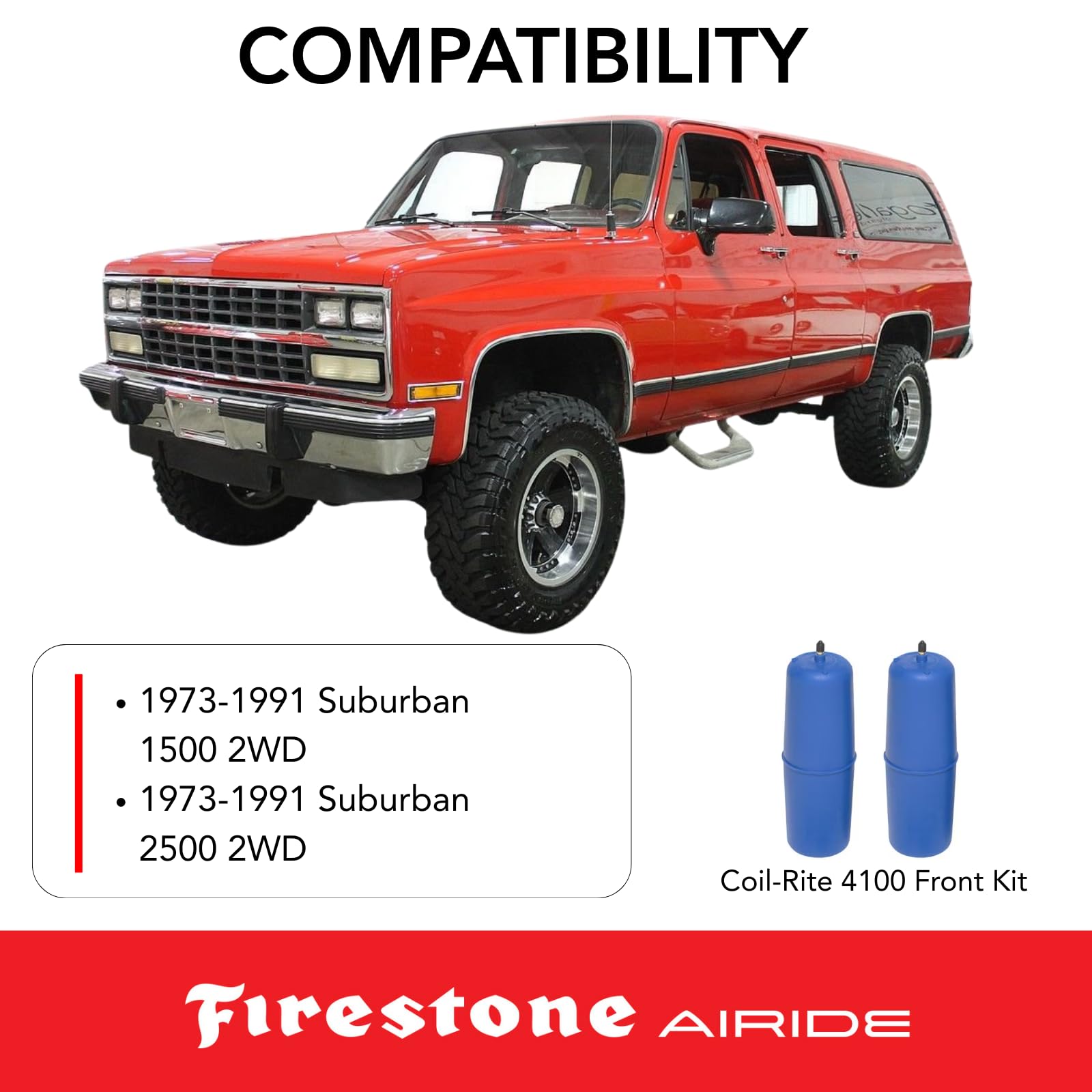 Firestone 4100 Airide Coil-Rite Front Springs Kit fits 1973-1991 Blazer, Jimmy and Suburban 1500 2500 2WD | 5-45 PSI | Load Capacity of 1,000 Pounds | No Drill Installation