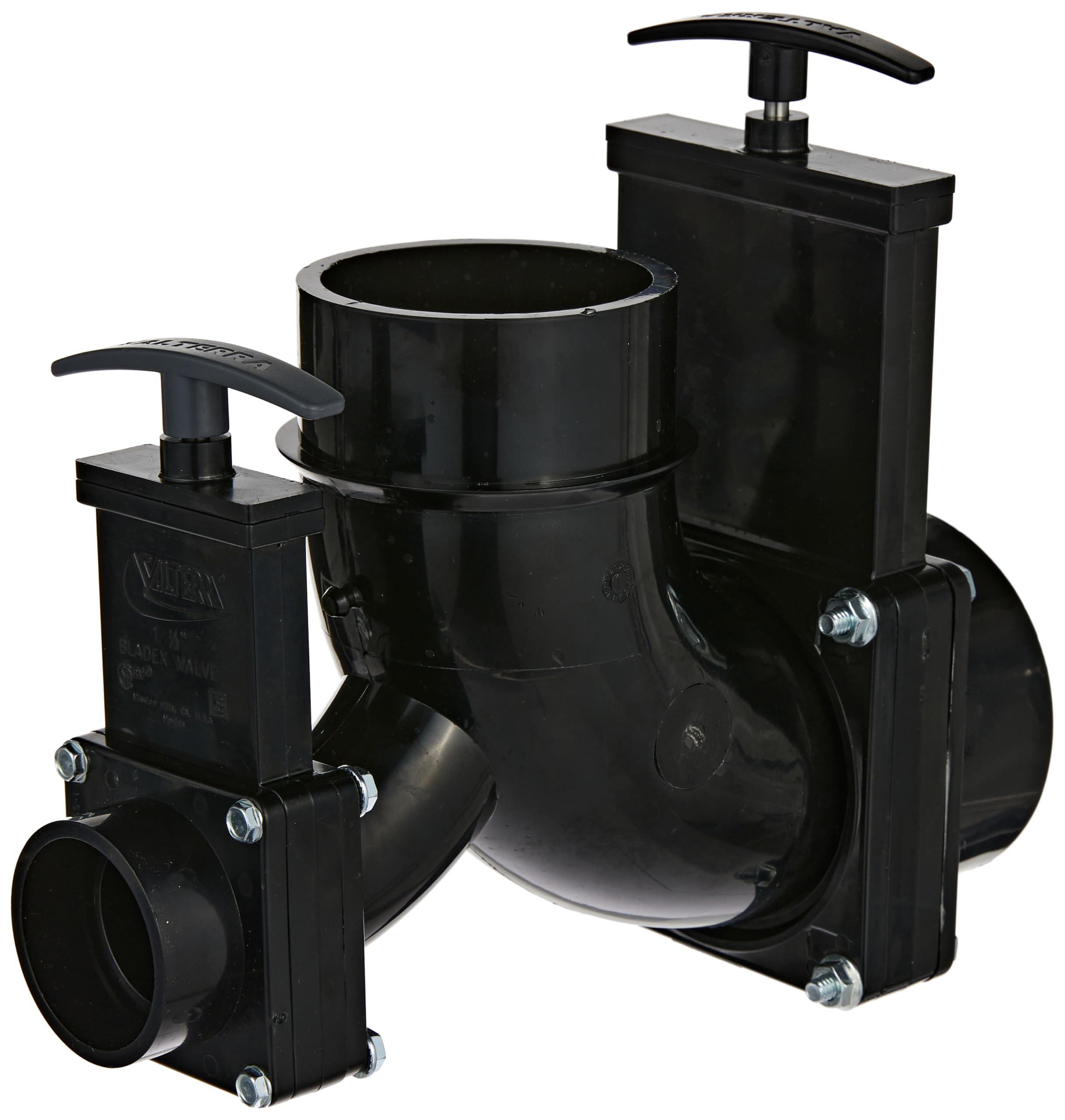 Valterra Double Rotating T81 Valve, 3" Hub x 1-1/2" Hub x 3" Spigot Outlet, Black