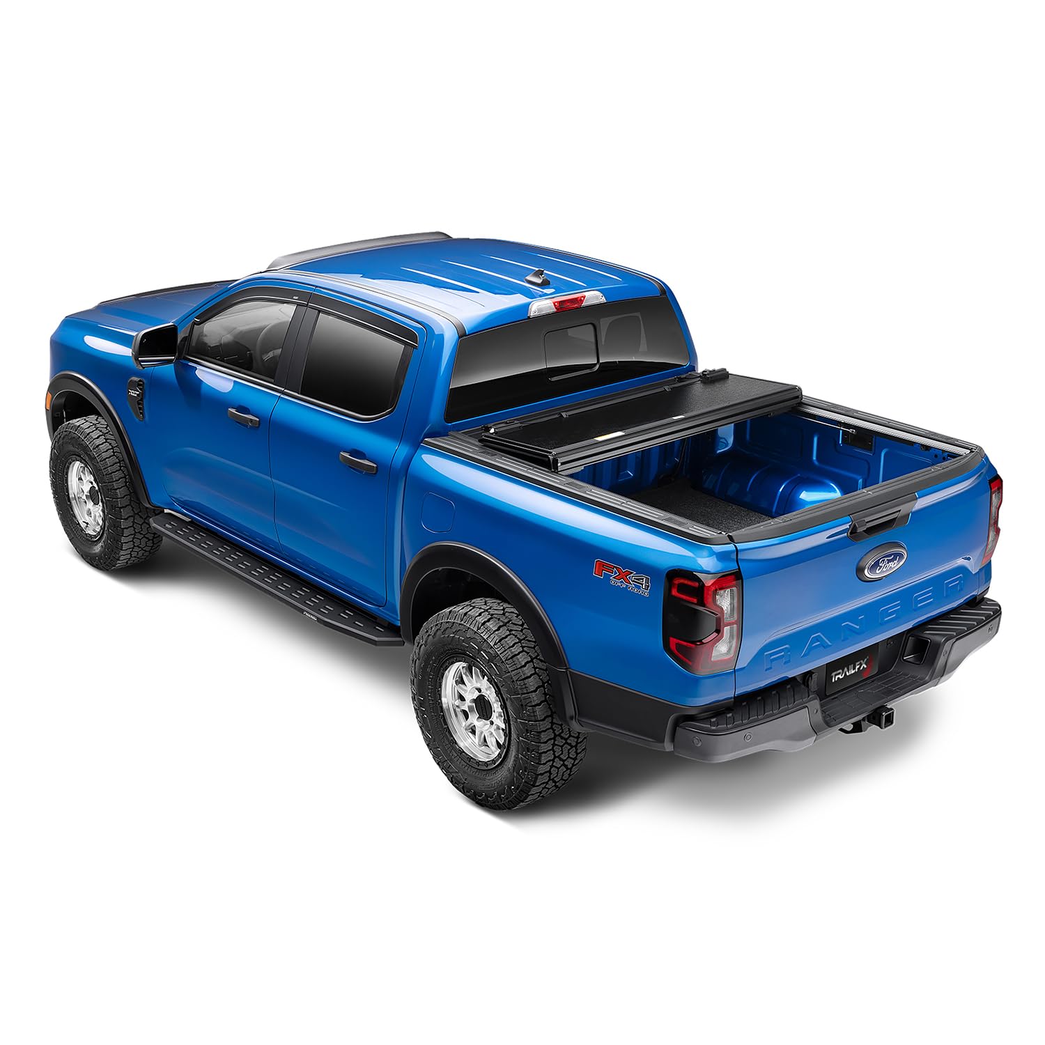 TrailFX Hard Tonneau Tri-Fold Cover Fits 2022-2026 Ford Maverick Hard Folding 3 Folds 3 Panels Lockable Tailgate Handle Gloss Black Textured Aluminum Clamp-On Installation
