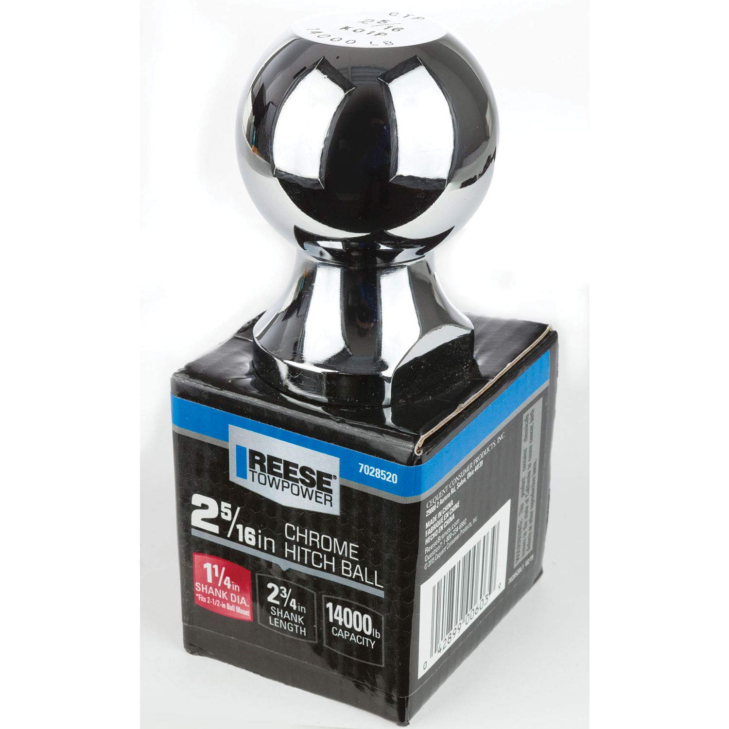 Reese Trailer Hitch Ball 7028520, 2-5/16 in. Diameter, 14,000 lbs. Capacity, 1-1/4 in. Shank Dia, 2-3/4 in. Shank Length, Chrome