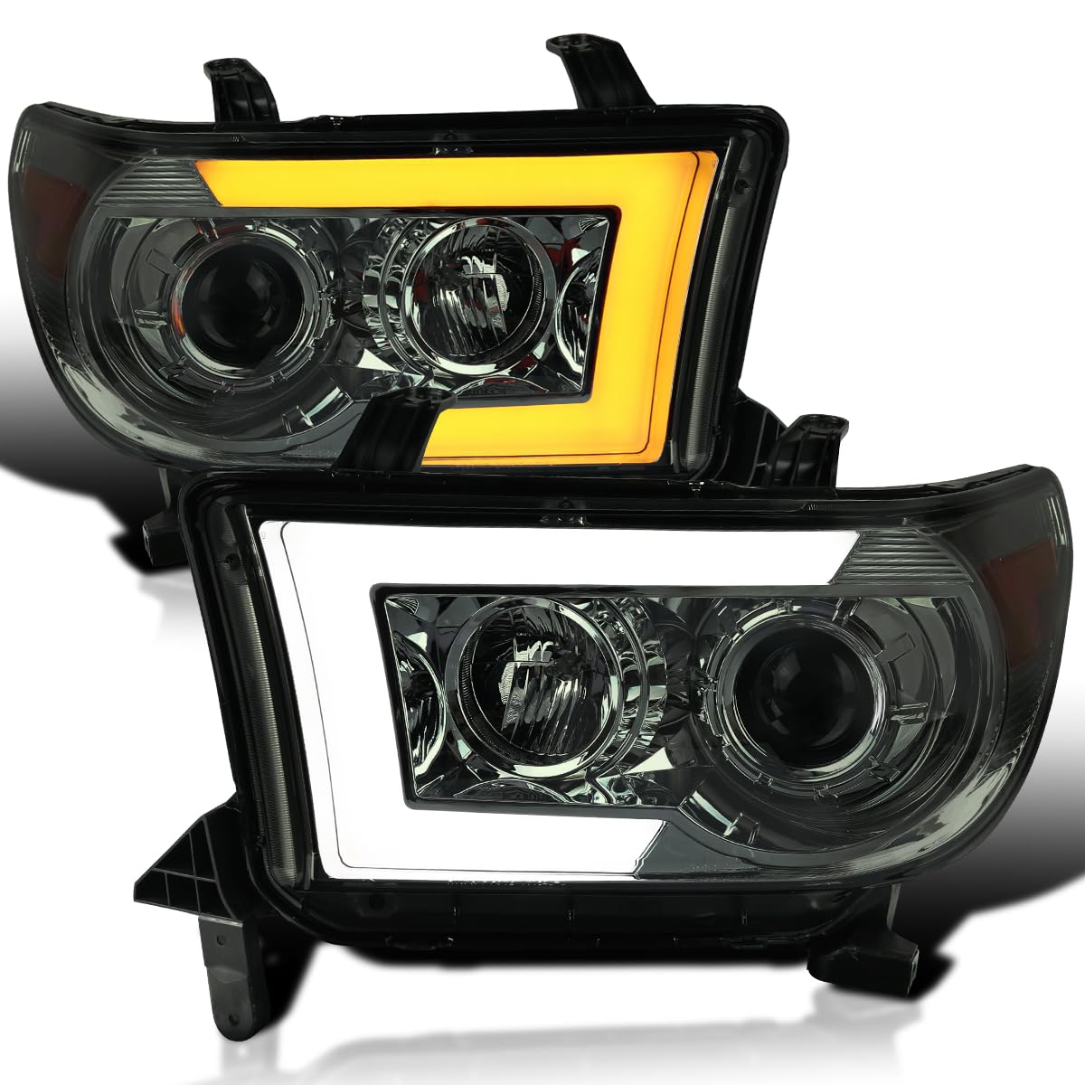 Spec-D Tuning Projector Smoke Headlights w/Switchback Sequential LED Turn Signal Compatible with 2007-2013 Toyota Tundra, 2008-2017 Toyota Sequoia, Left + Right Pair Headlamps Assembly