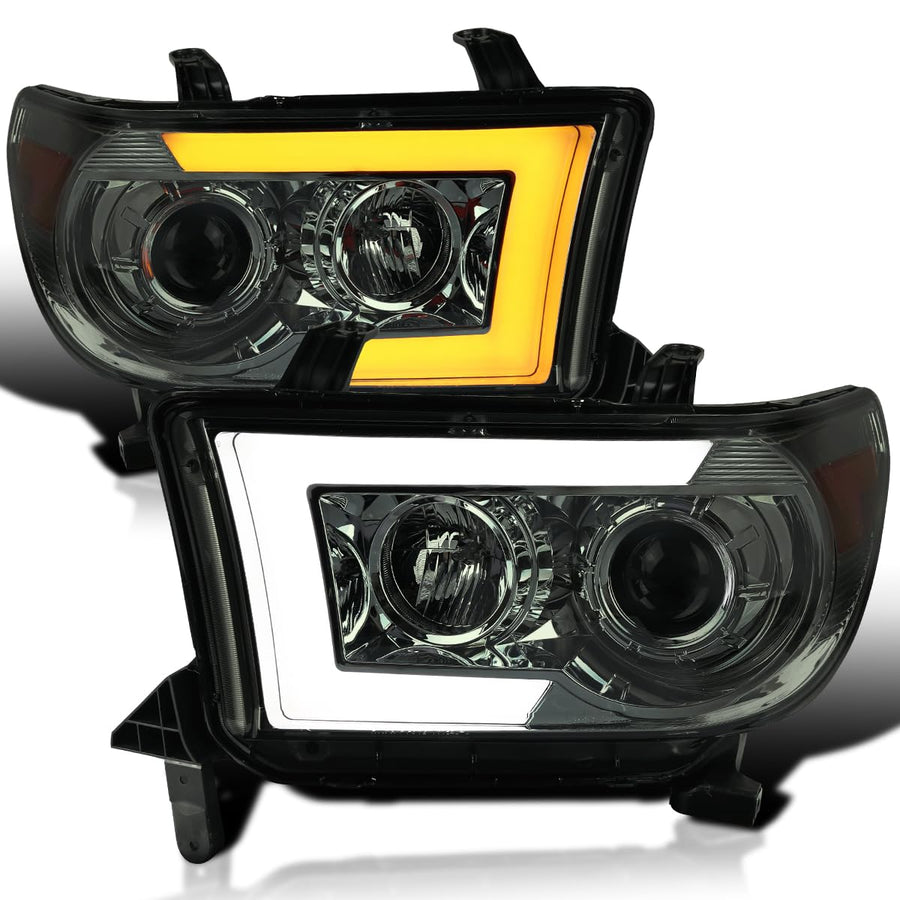 Spec-D Tuning Projector Smoke Headlights w/Switchback Sequential LED Turn Signal Compatible with 2007-2013 Toyota Tundra, 2008-2017 Toyota Sequoia, Left + Right Pair Headlamps Assembly