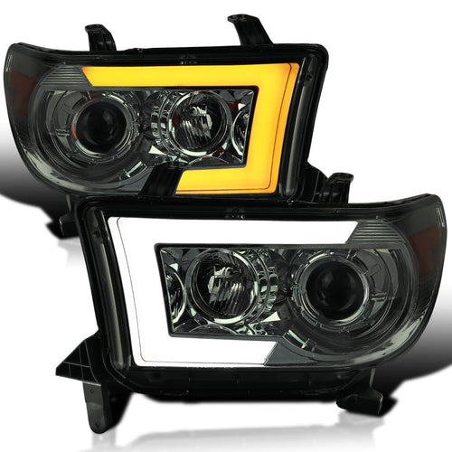 Spec-D Tuning Projector Smoke Headlights w/Switchback Sequential LED Turn Signal Compatible with 2007-2013 Toyota Tundra, 2008-2017 Toyota Sequoia, Left + Right Pair Headlamps Assembly