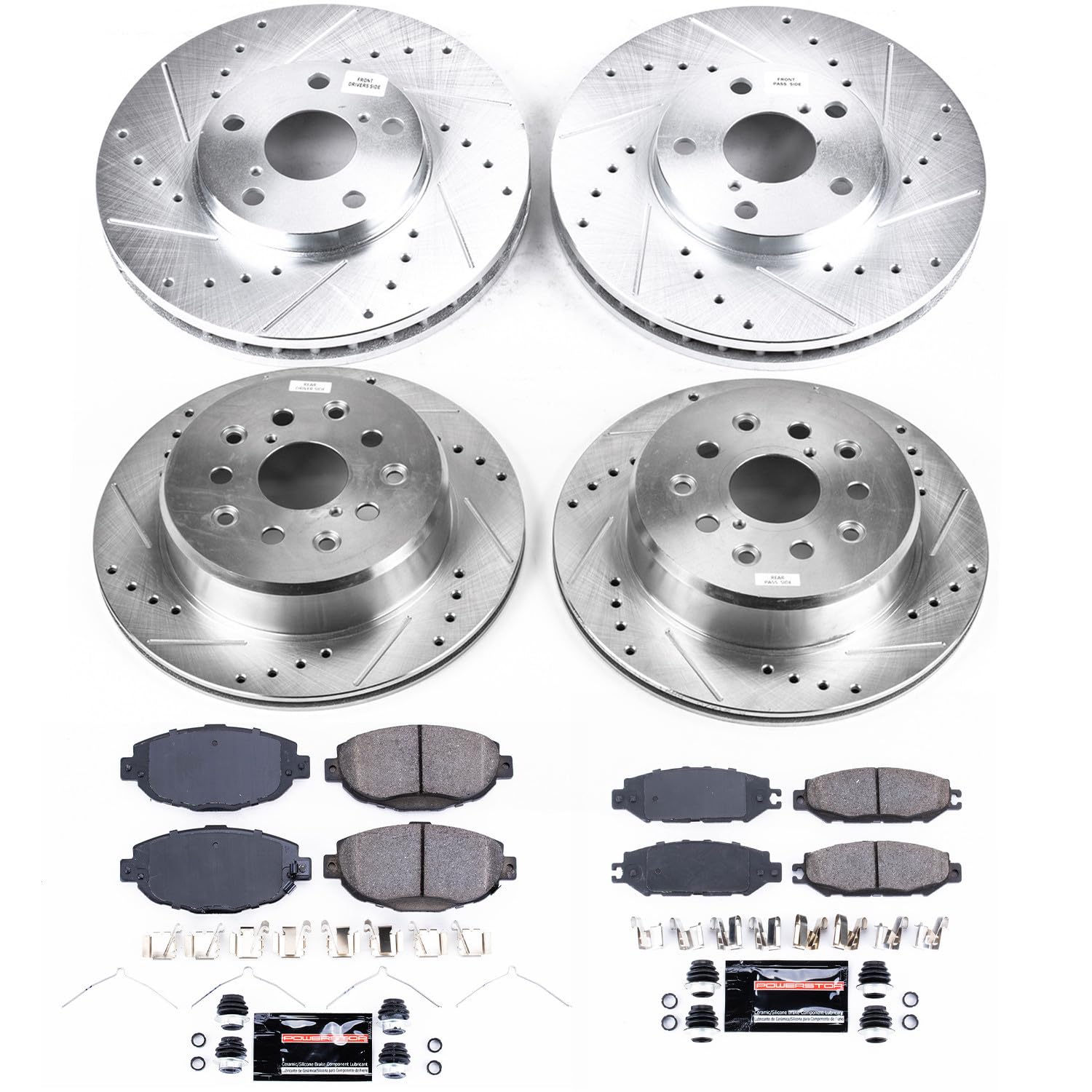 Power Stop K1074 Z23 Carbon Fiber Brake Pads Front and Rear with Drilled & Slotted Brake Rotors Kit For Lexus SC300 1999-2000, Lexus SC400 1992-2000 [Model Specific]