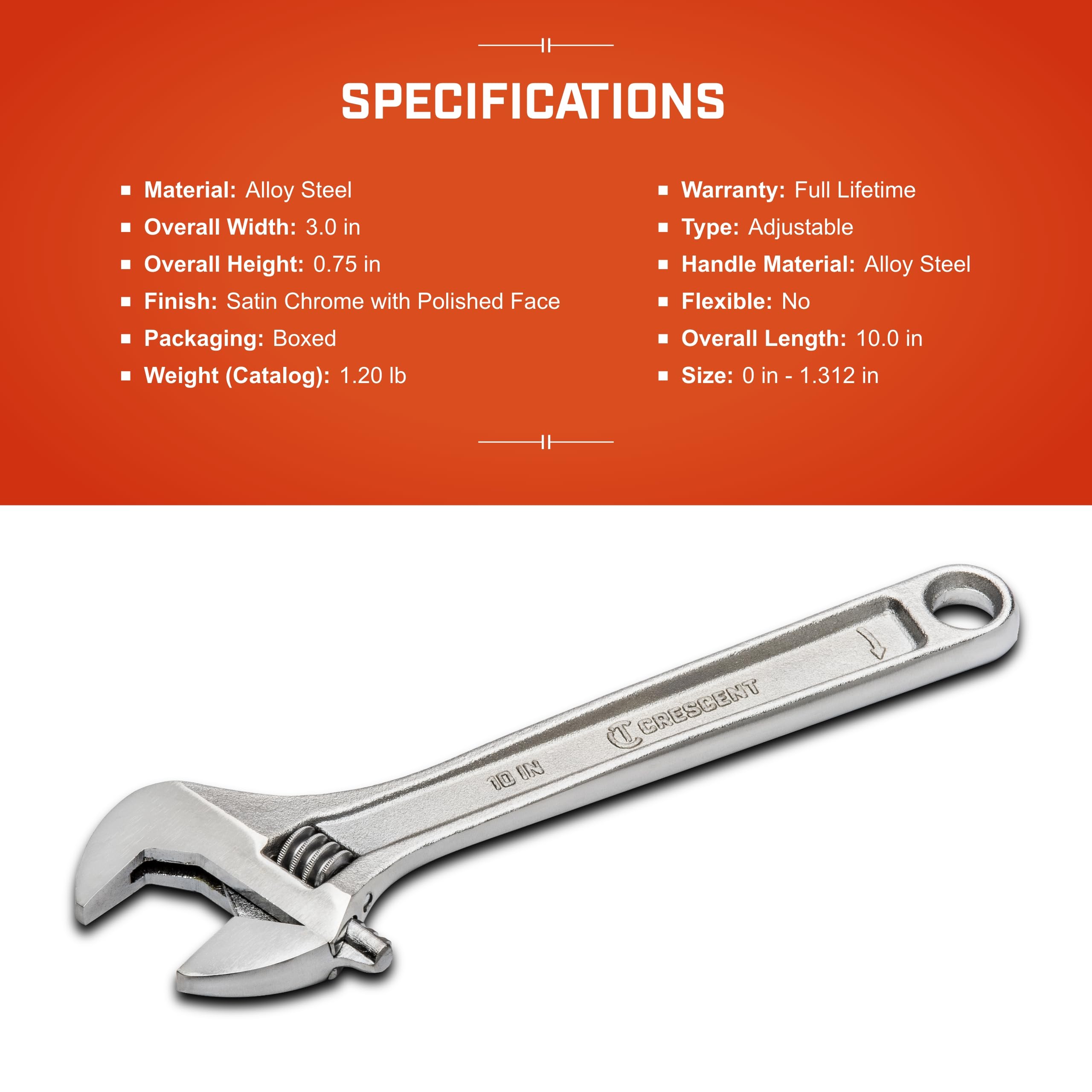 10" Crescent Adjustable Wrench - Boxed - Mechanical & Plumbing Wrenches - With Larger Knurl & Hex Jaw - Chrome Plated to Resist Rust & Corrosion - Reduces Fatigue - Mechanic Hand Tool - AC210BK
