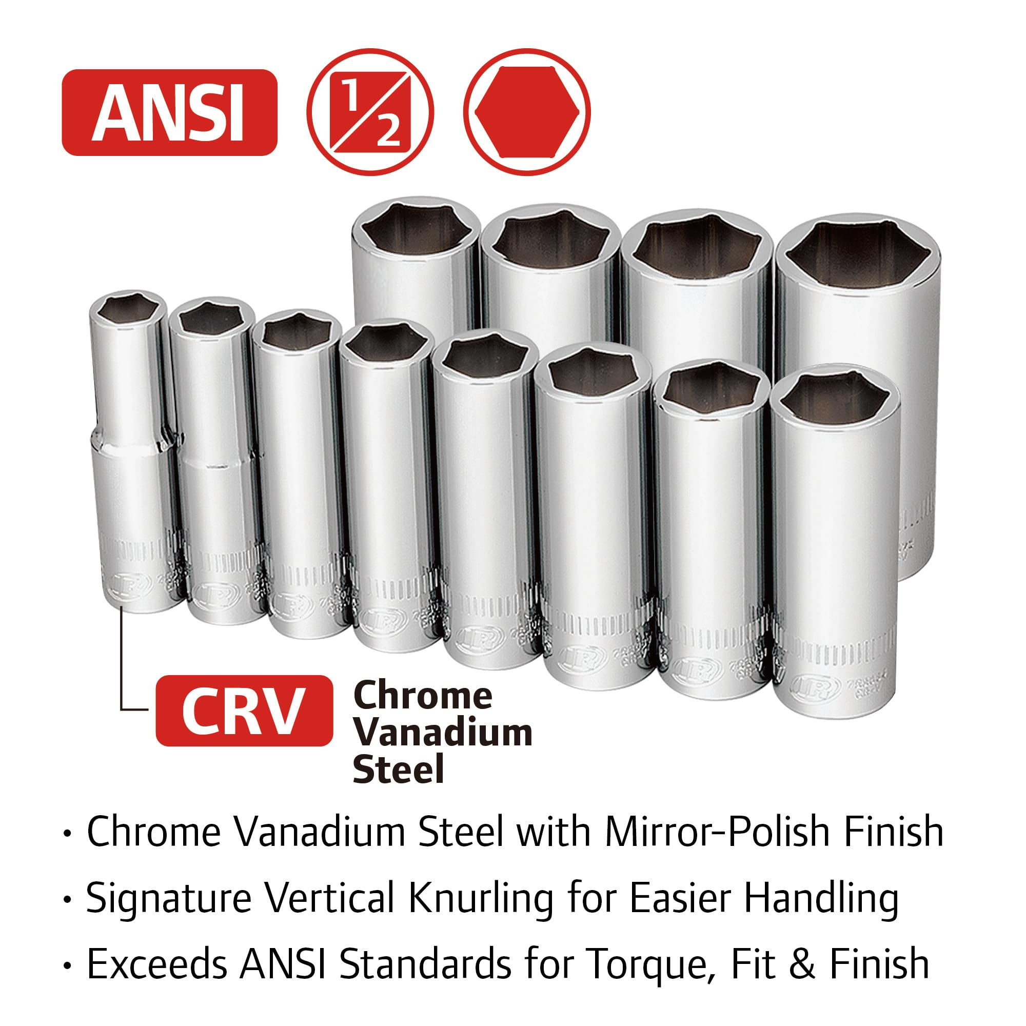 12 Pc. Ingersoll Rand 1/2 in. Drive Deep Socket Set - SAE 6 Pt.- 752054