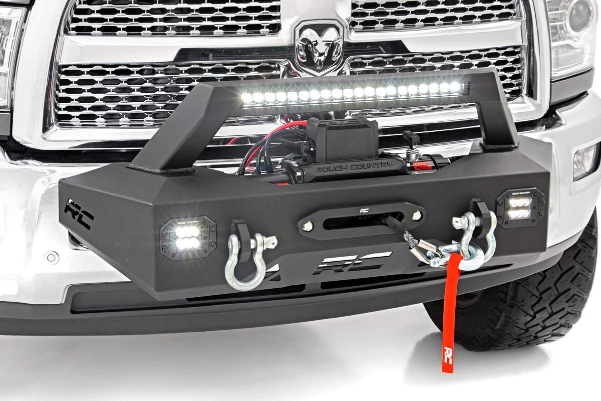 EXO Winch Mount Rough Country with LED Lights for Ram 2500 (2014-2018) - Includes 20-in LED Light Bar, Dual 2-in LED Cubes, D-Rings