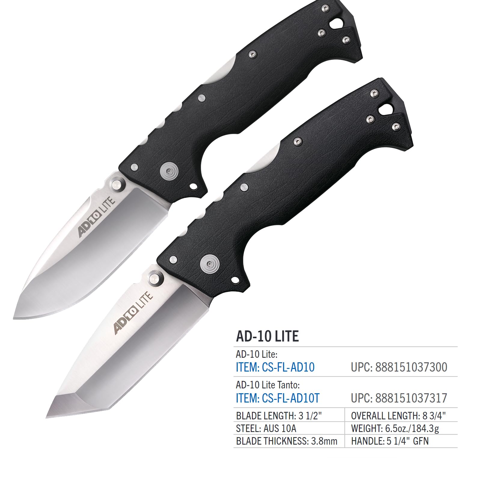 AD-10 Lite COLD STEEL 3.5" AUS10A Steel Ultra-Sharp Tanto Point Blade 5.25" GFN Handle Tactical Folding Knife - Tri-Ad Locking Mechanism