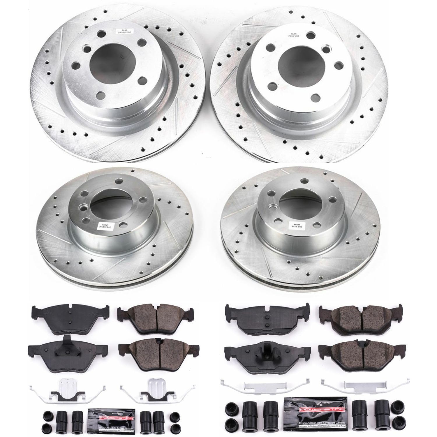 Power Stop K6347 Z23 Carbon Fiber Brake Pads Front and Rear with Drilled & Slotted Brake Rotors Kit and 1 Front & 1 Rear Sensor Wires For BMW 128i 2010-2013 [Model Specific]