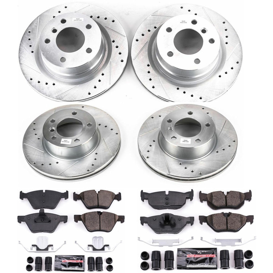 Power Stop K6347 Z23 Carbon Fiber Brake Pads Front and Rear with Drilled & Slotted Brake Rotors Kit and 1 Front & 1 Rear Sensor Wires For BMW 128i 2010-2013 [Model Specific]