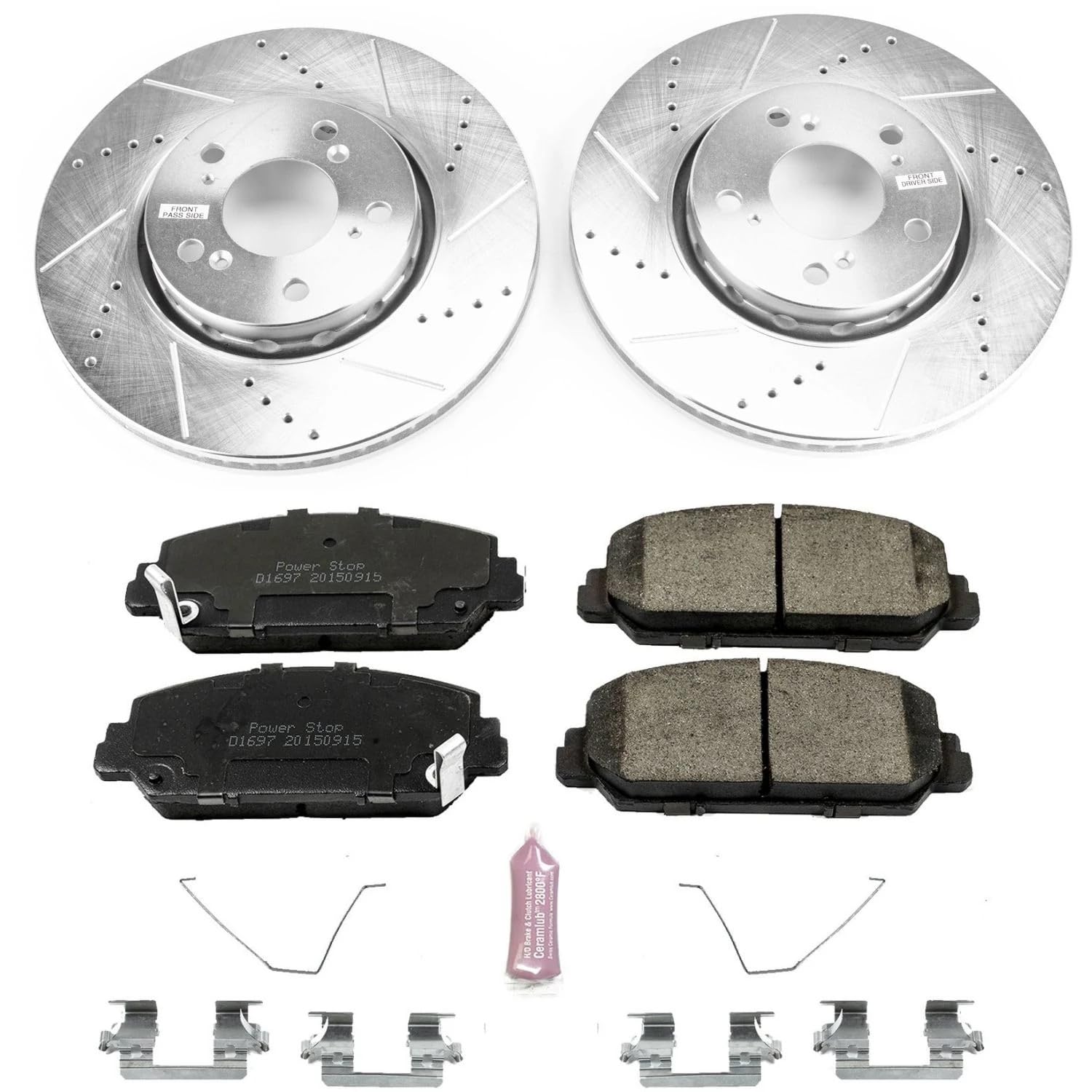 Power Stop K6955 Z23 Carbon Fiber Brake Pads with Drilled & Slotted Brake Rotors Kit For Acura RLX 2014-2020 [Model Specific]
